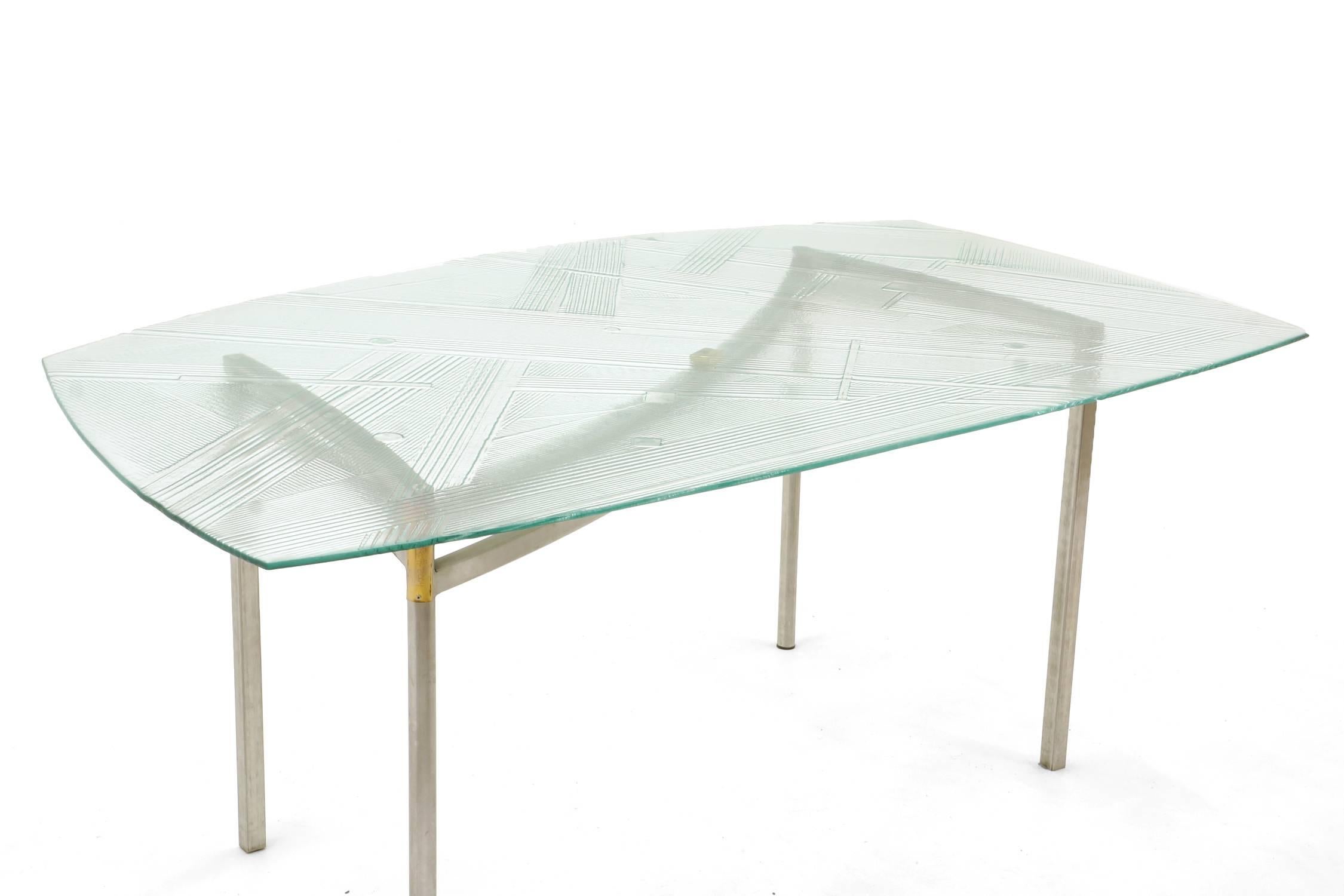 Modern Custom Art Glass Dining Table with Aluminum Base, Unique, One of a Kind
