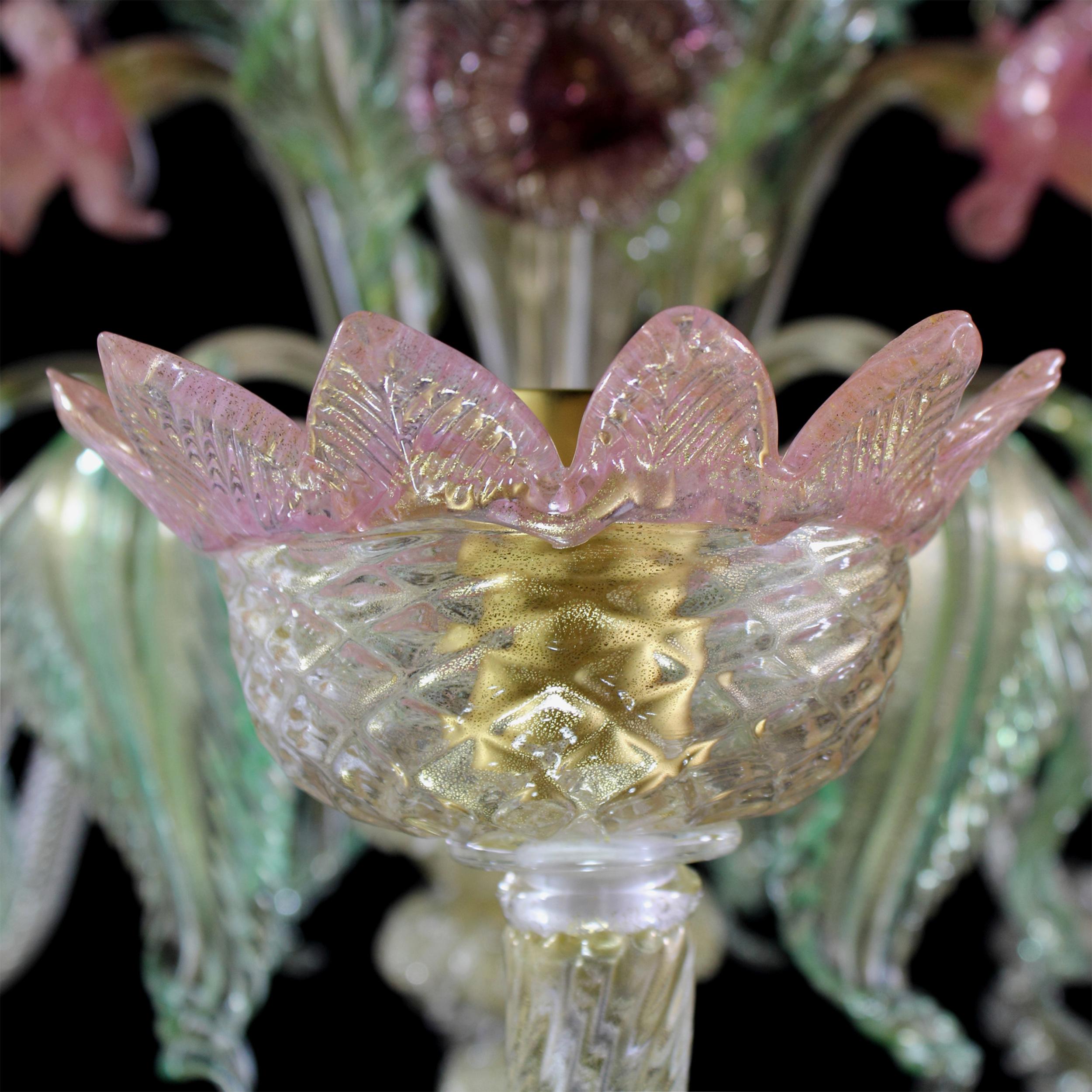 Chandelier 6Arms gold Glass details pink, green, amethyst by Multiforme in stock In New Condition For Sale In Trebaseleghe, IT