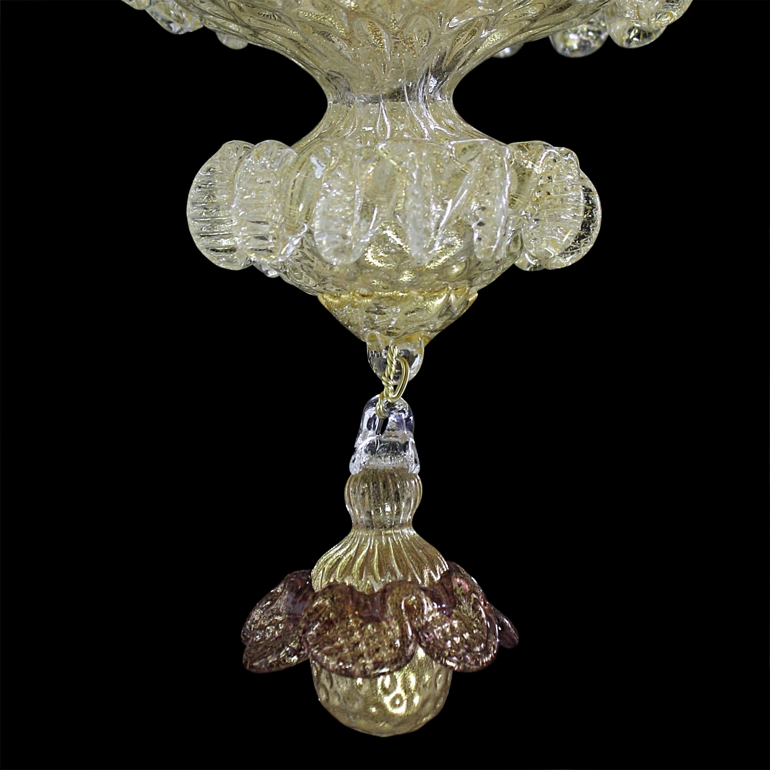 Contemporary Chandelier 6Arms gold Glass details pink, green, amethyst by Multiforme in stock For Sale