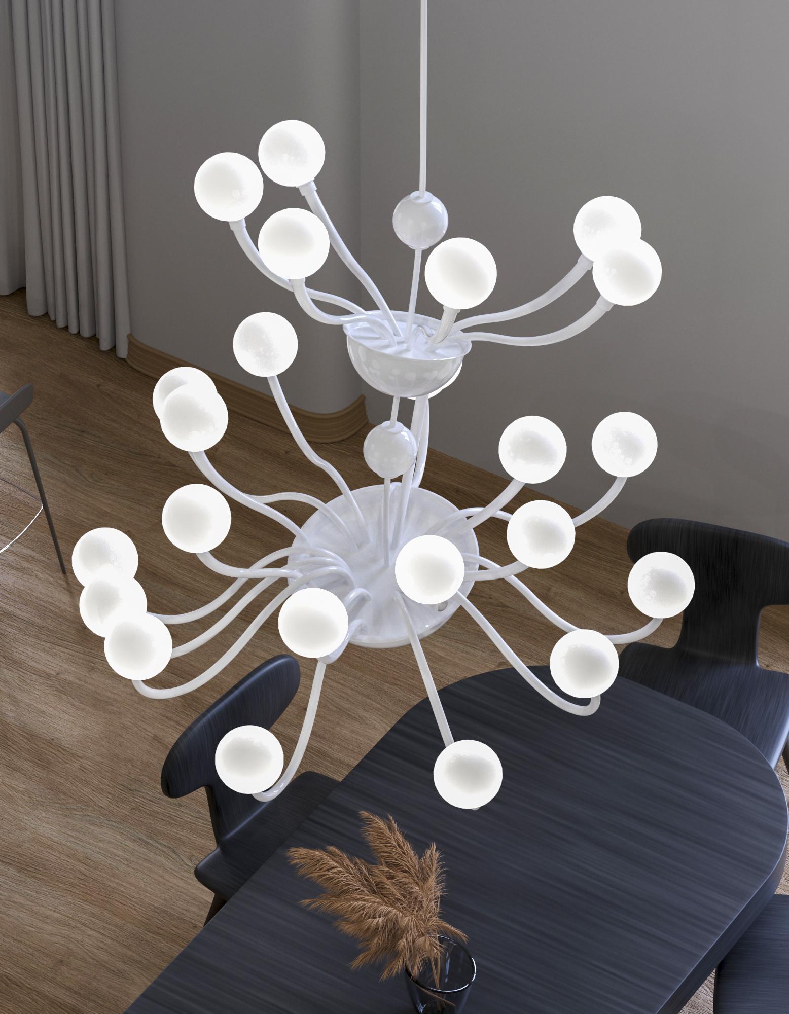 Vetro soffiato Lampadario artistico personalizzato a 20 bracci in vetro di Murano bianco di Multiforme in vendita