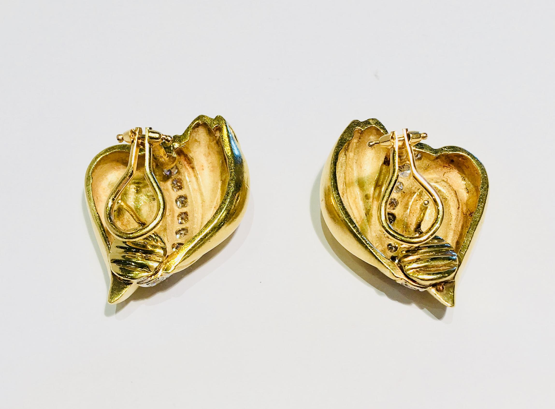 Women's Abstract Heart Custom Satin Finish 18 Karat Gold 1.5 Carat VVS Diamond Earrings For Sale