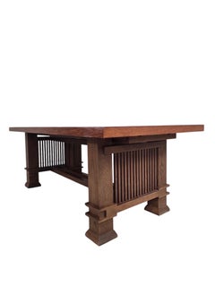 Custom Arts and Crafts Mission Style Oak Dining Table with Six High-Back Chairs