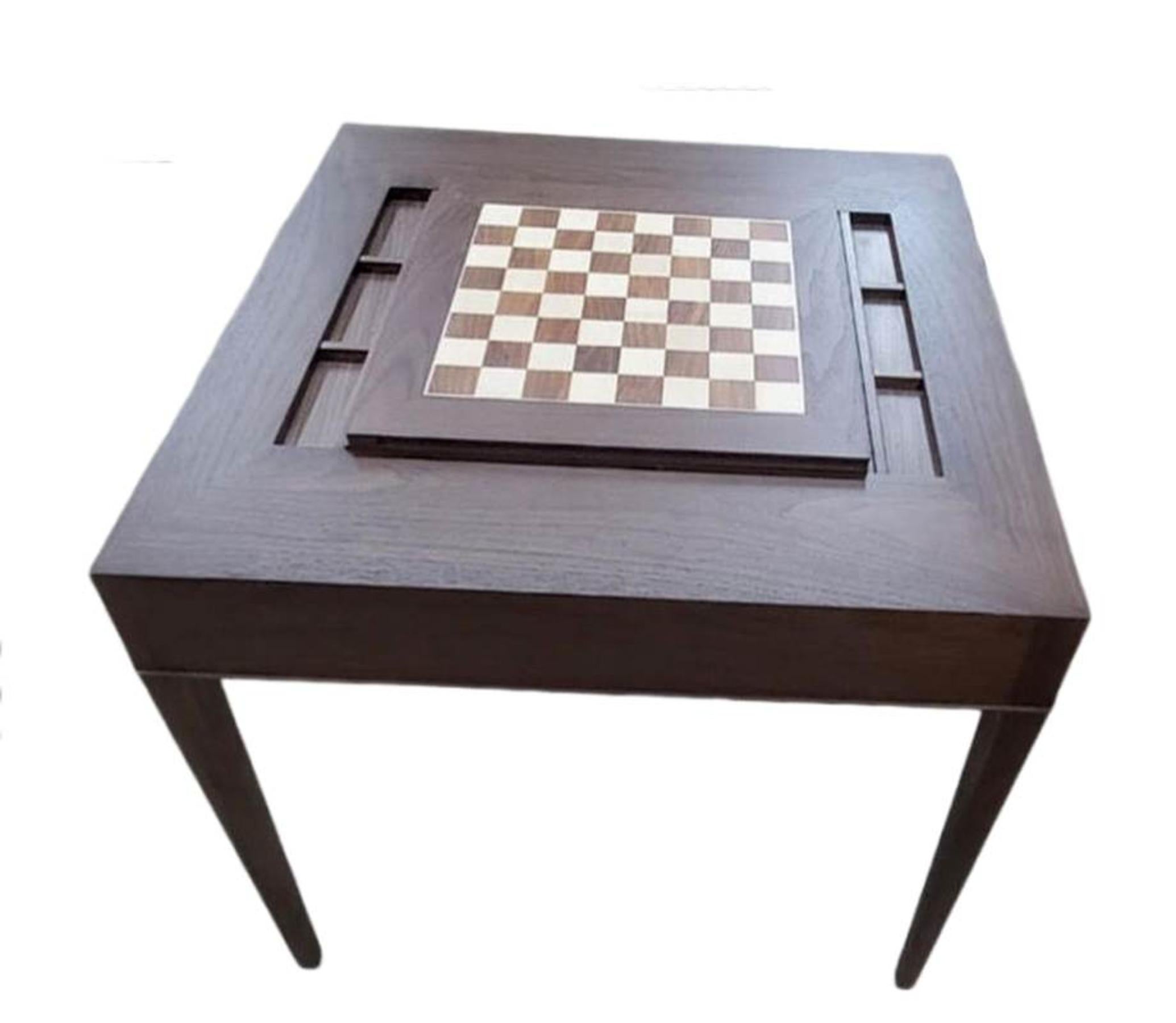 Custom walnut or mahogany table with removable top that exposes the backgammon board. The top can be flipped over to expose the chess board. Perfect size to play cards, poker, board games etc. The marquetry is integrated into the top. Can be made in