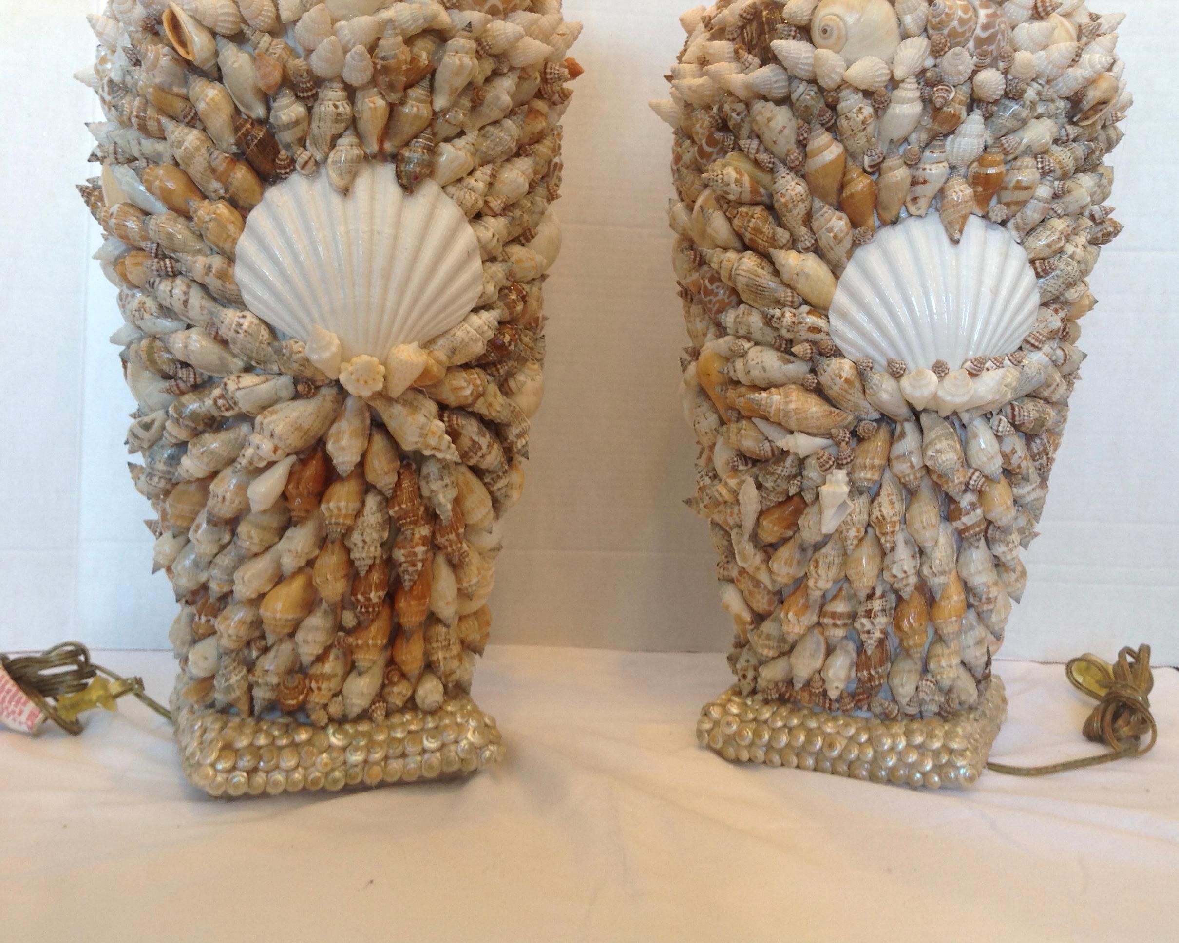 Custom Bahamian Pair of Shell Lamps In Good Condition In West Palm Beach, FL