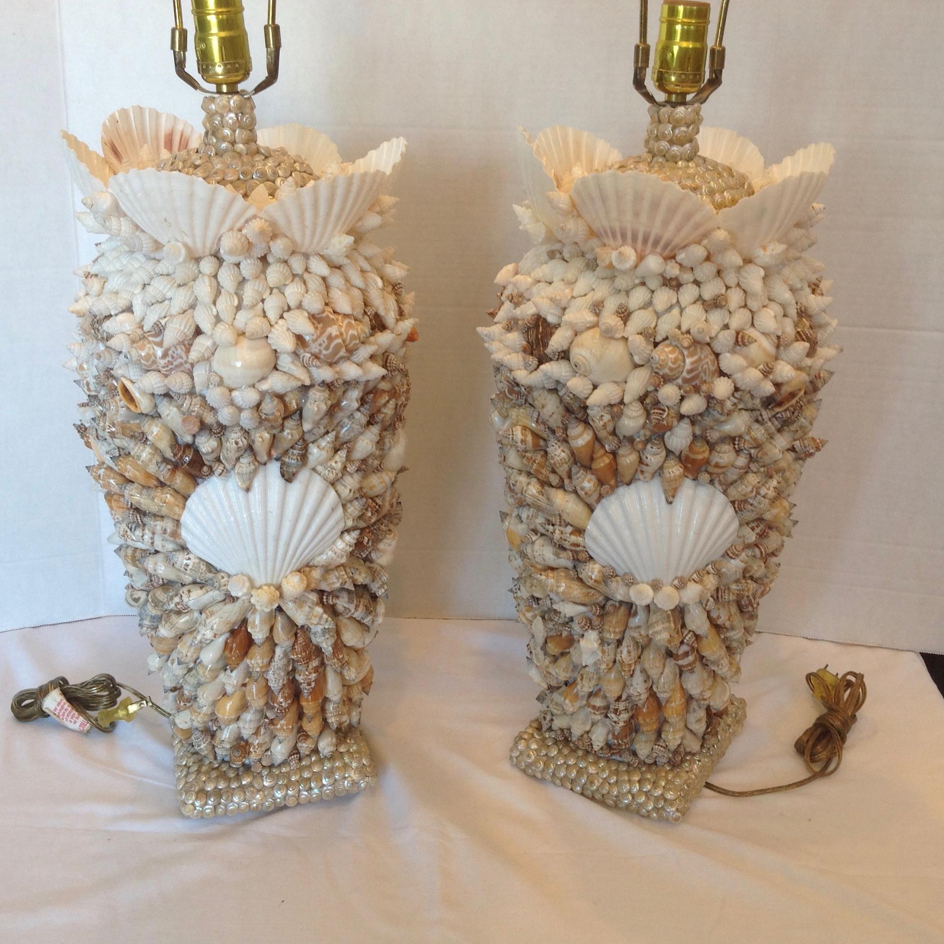 20th Century Custom Bahamian Pair of Shell Lamps