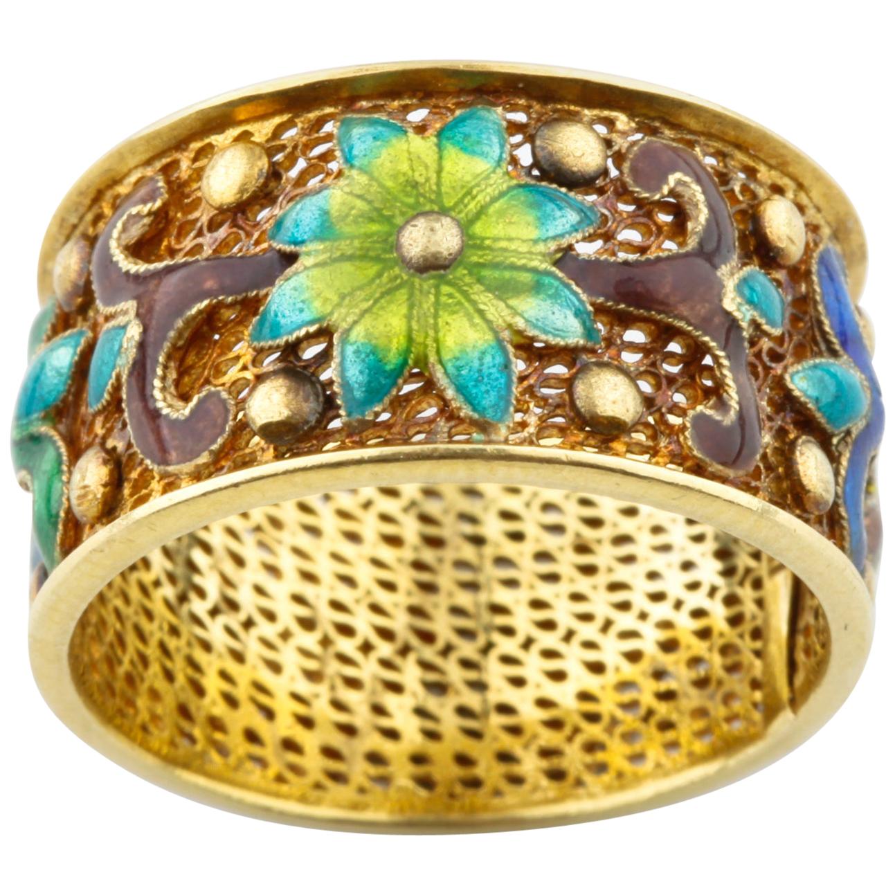 Custom Band Ring with Multi-Color Enamel Flowers in 14 Karat Yellow Gold