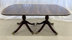 Custom Banded Flame Mahogany Dining Table, Double Pedestal, Custom, Brass Feet