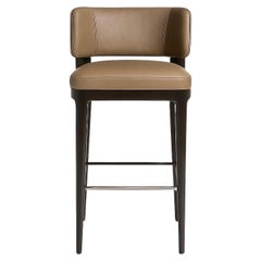 Custom Barstool in Taupe Leather and Black Oak Frame