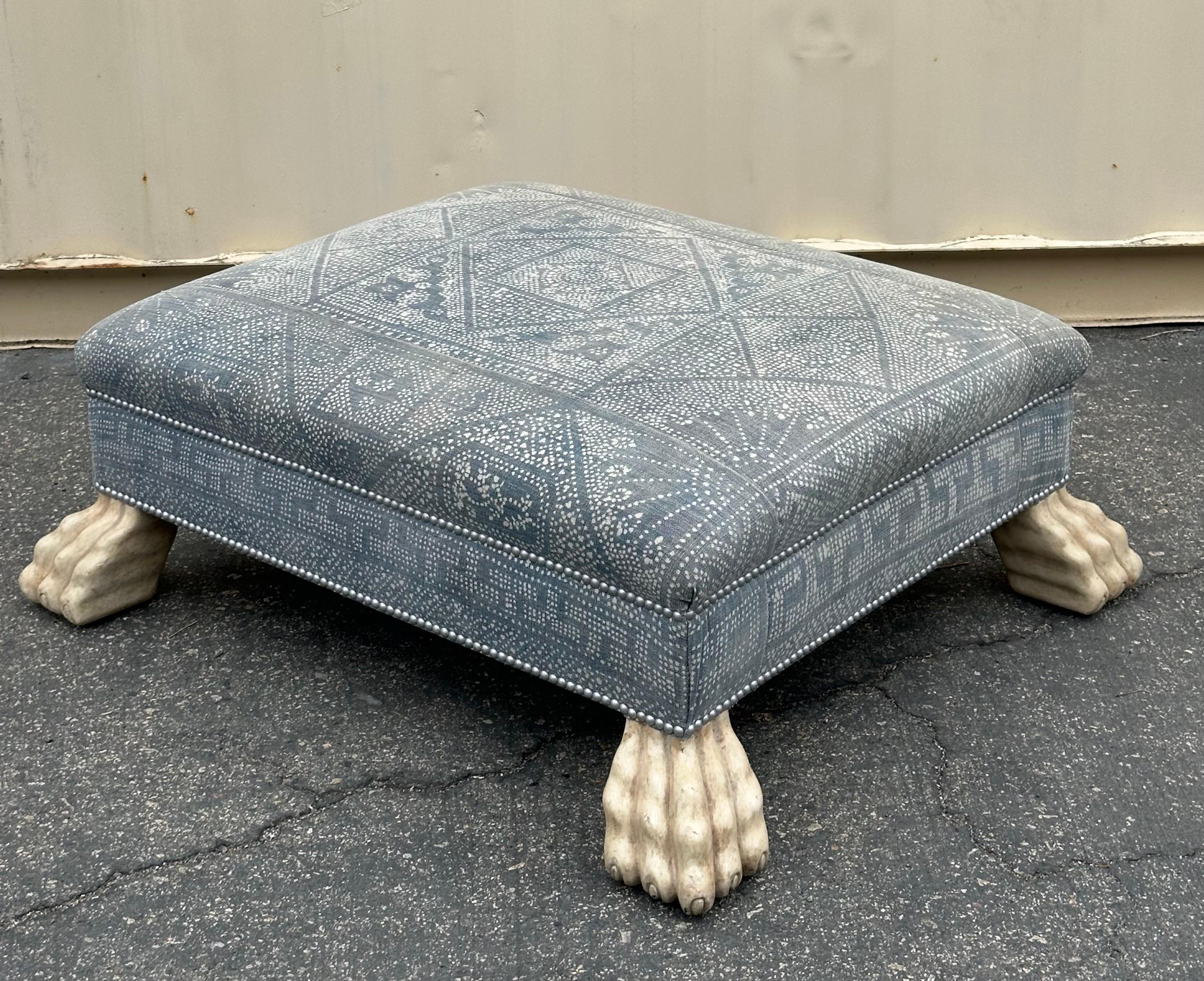 Custom Batik Textile Ottoman with Paw Feet For Sale 6