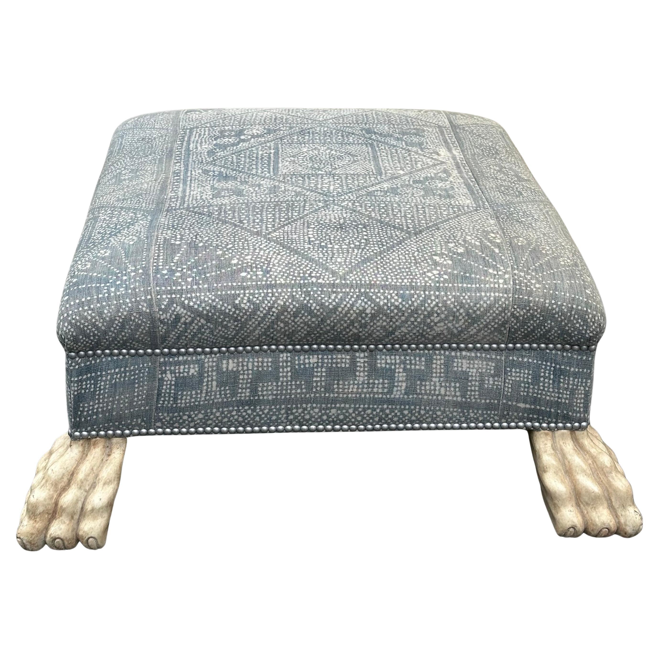 Bohemian Custom Batik Textile Ottoman with Paw Feet For Sale