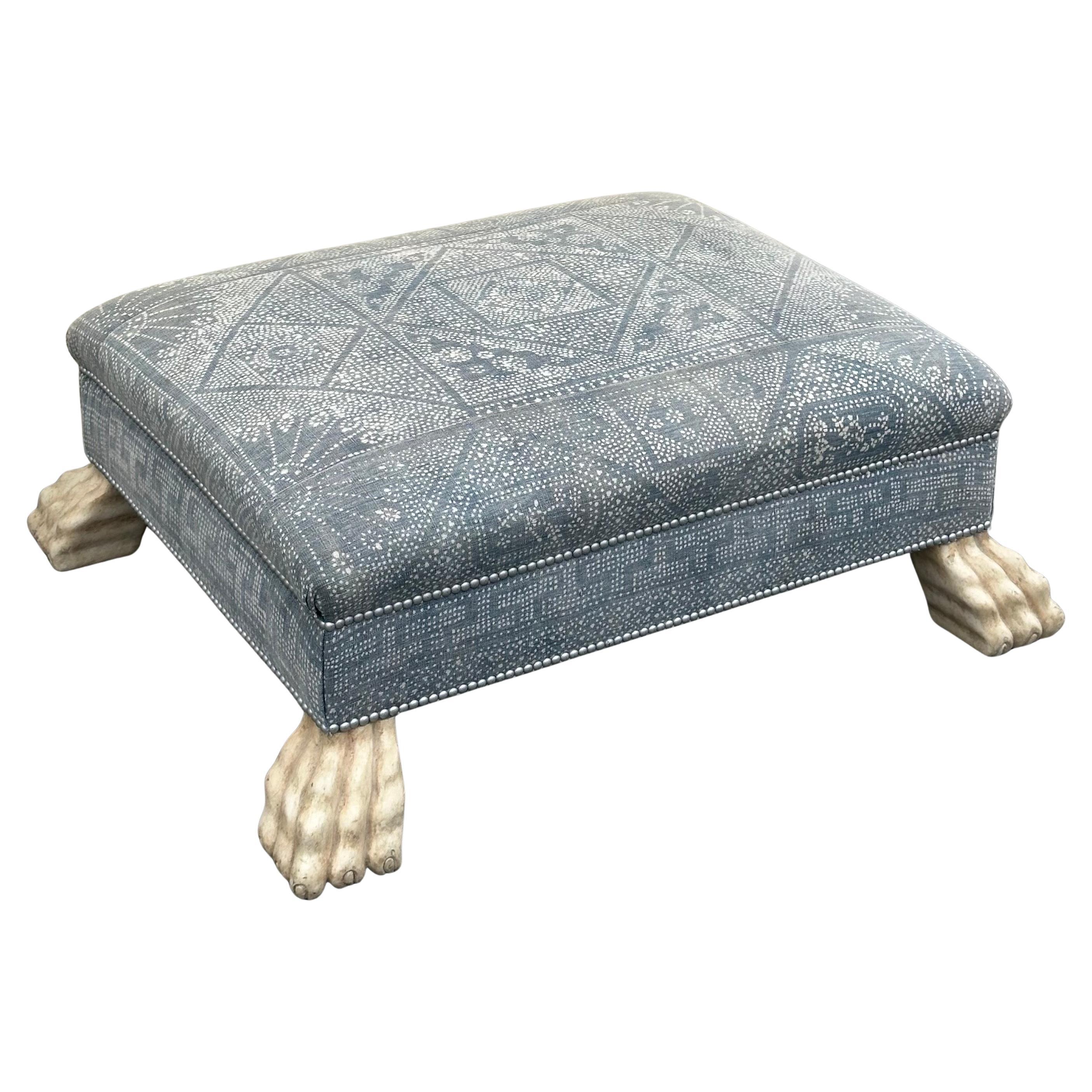 Custom Batik Textile Ottoman with Paw Feet In Good Condition For Sale In San Diego, CA