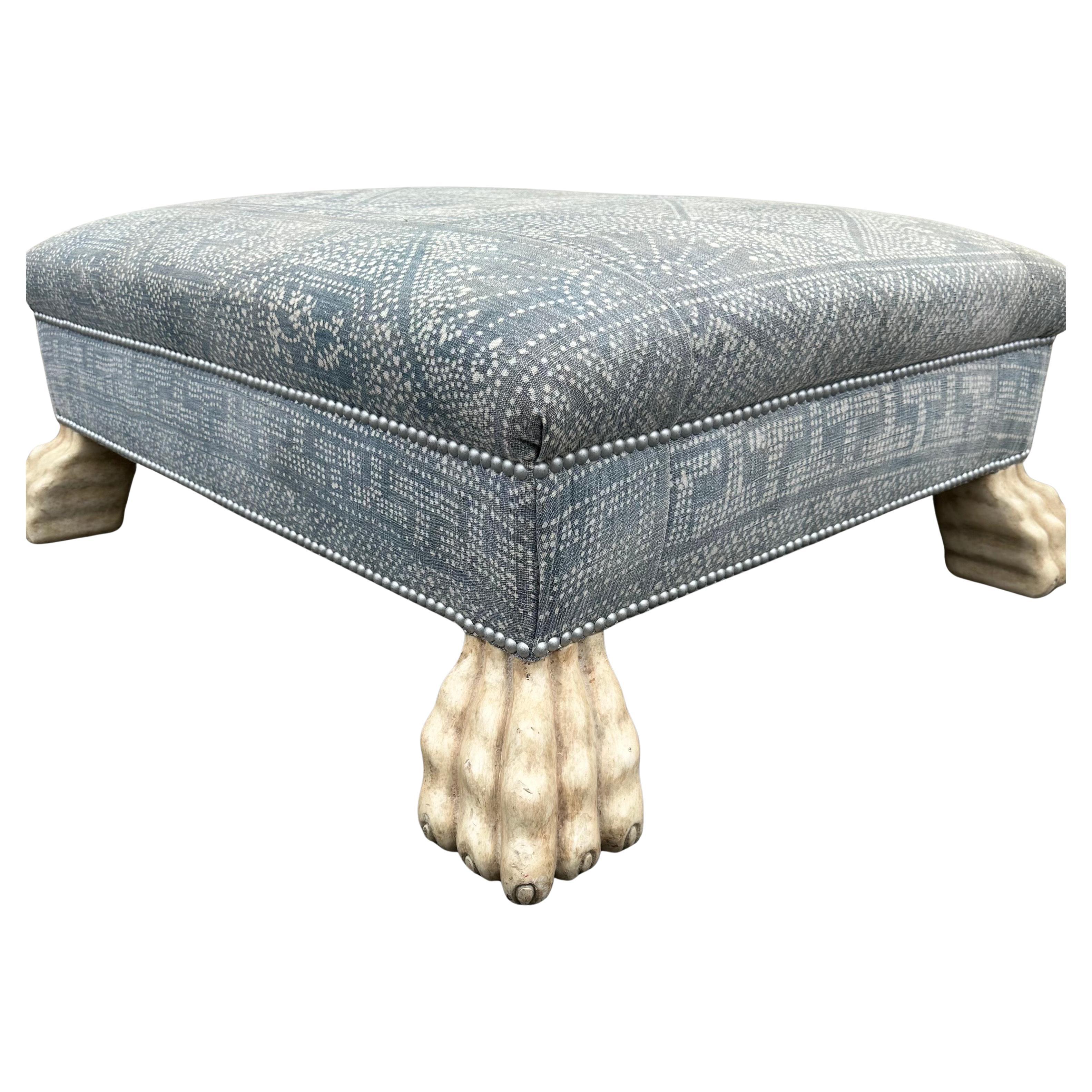 Contemporary Custom Batik Textile Ottoman with Paw Feet For Sale