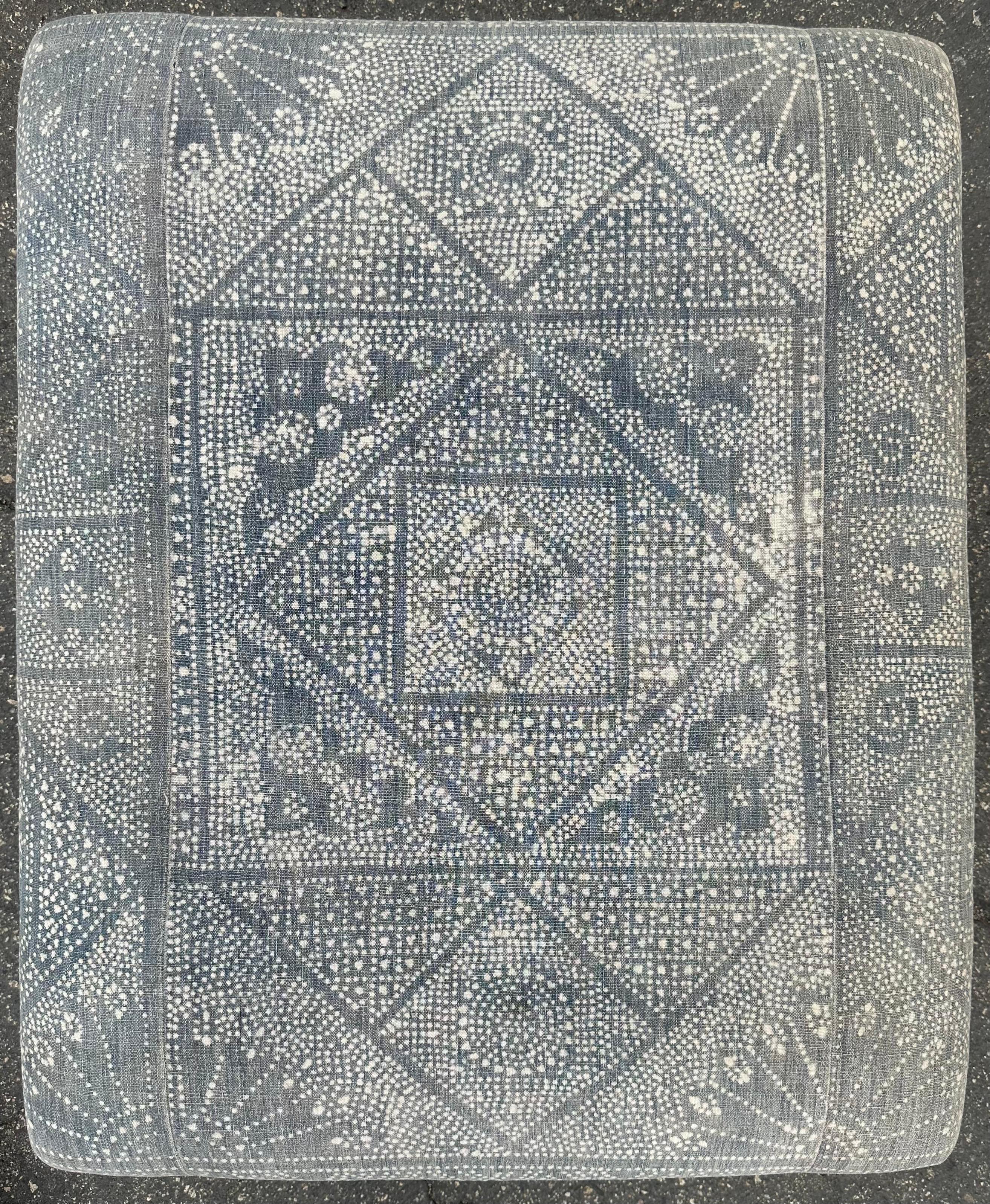 Custom Batik Textile Ottoman with Paw Feet For Sale 1