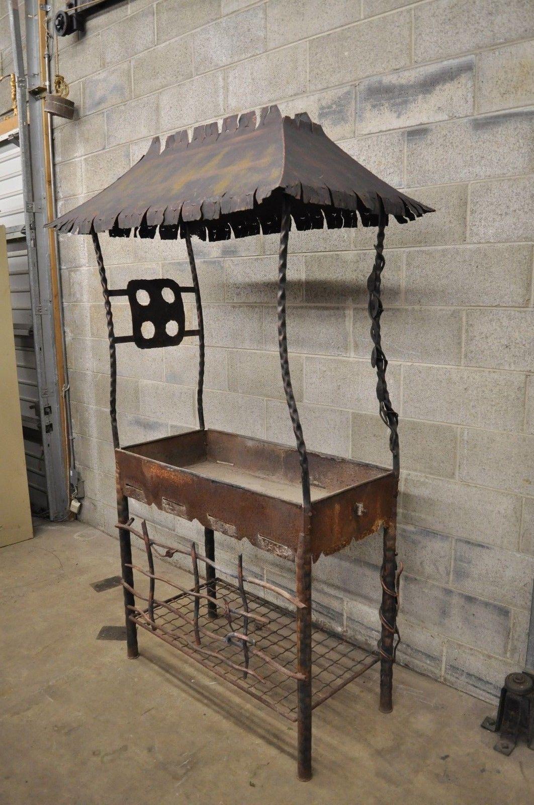 Custom Tall BBQ Grill Twisted Metal Steel Unique Brutalist Style. Item features very unique form, custom design, steel frame, floral, vine and branch accents, distressed finish, one of a kind grill. Circa Unknown. Measurements: Overall 80