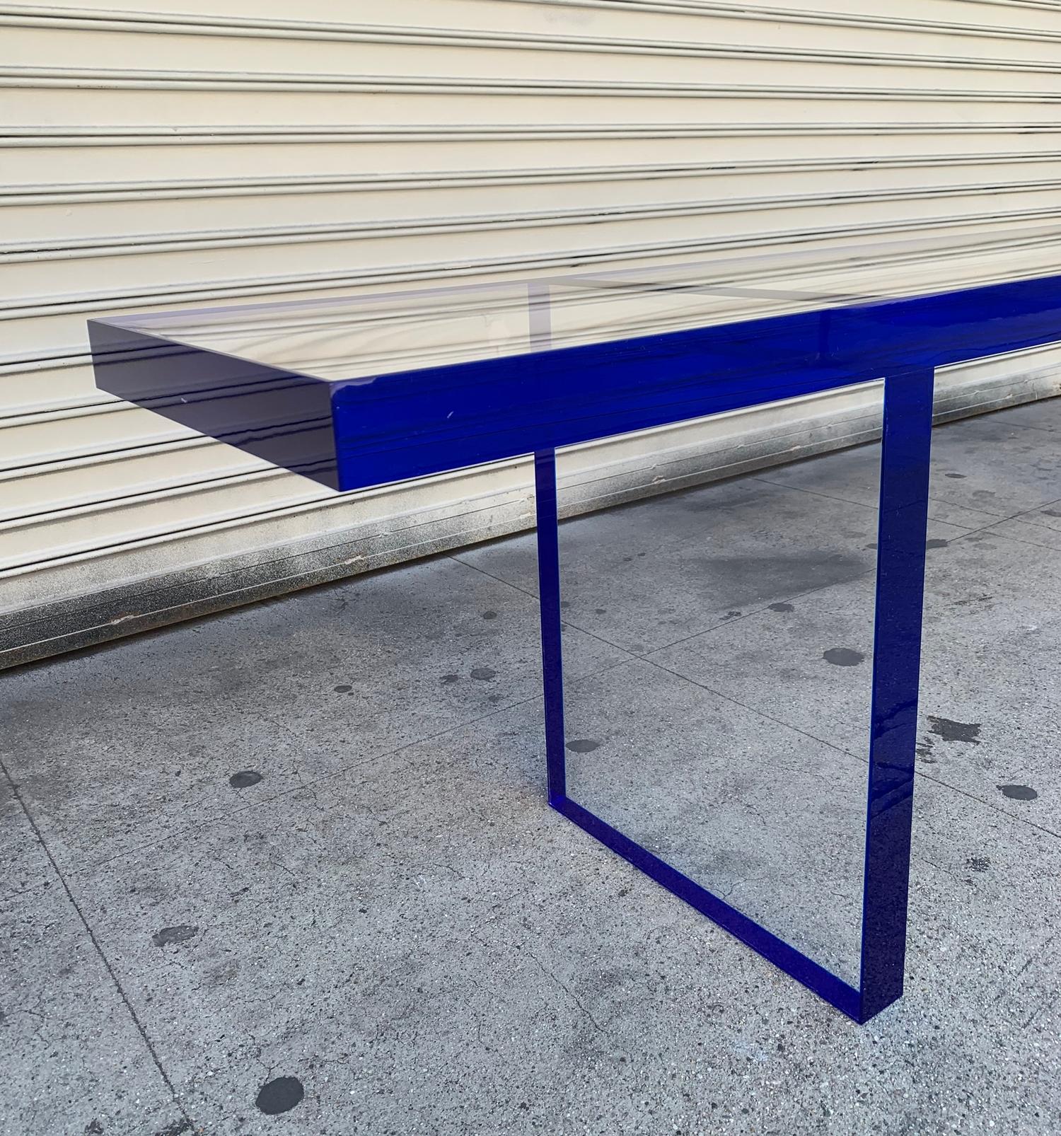 Contemporary Custom Bench in Deep Blue and Clear Lucite by Amparo Calderon Tapia For Sale
