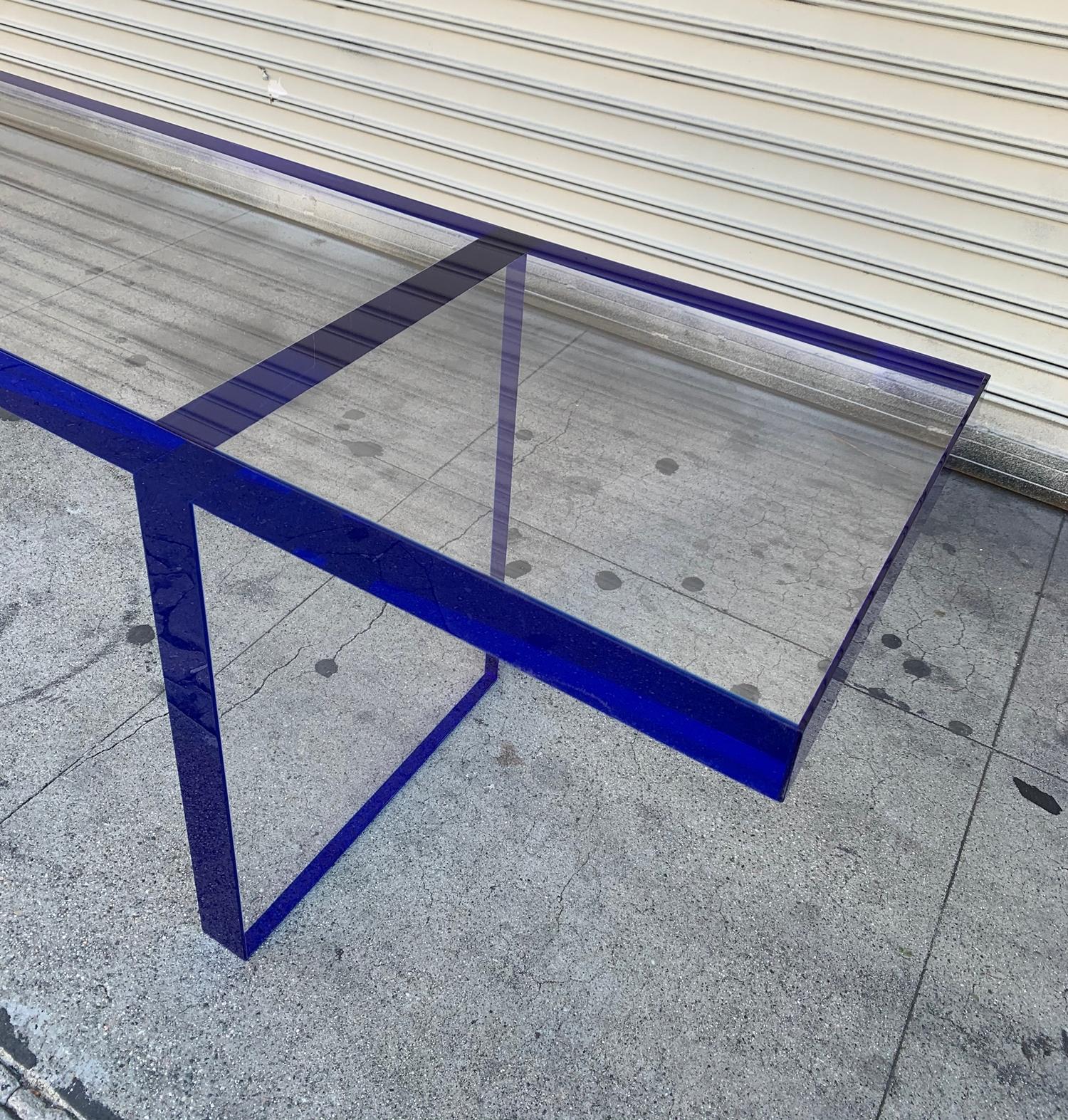 Custom Bench in Deep Blue and Clear Lucite by Cain Modern 7