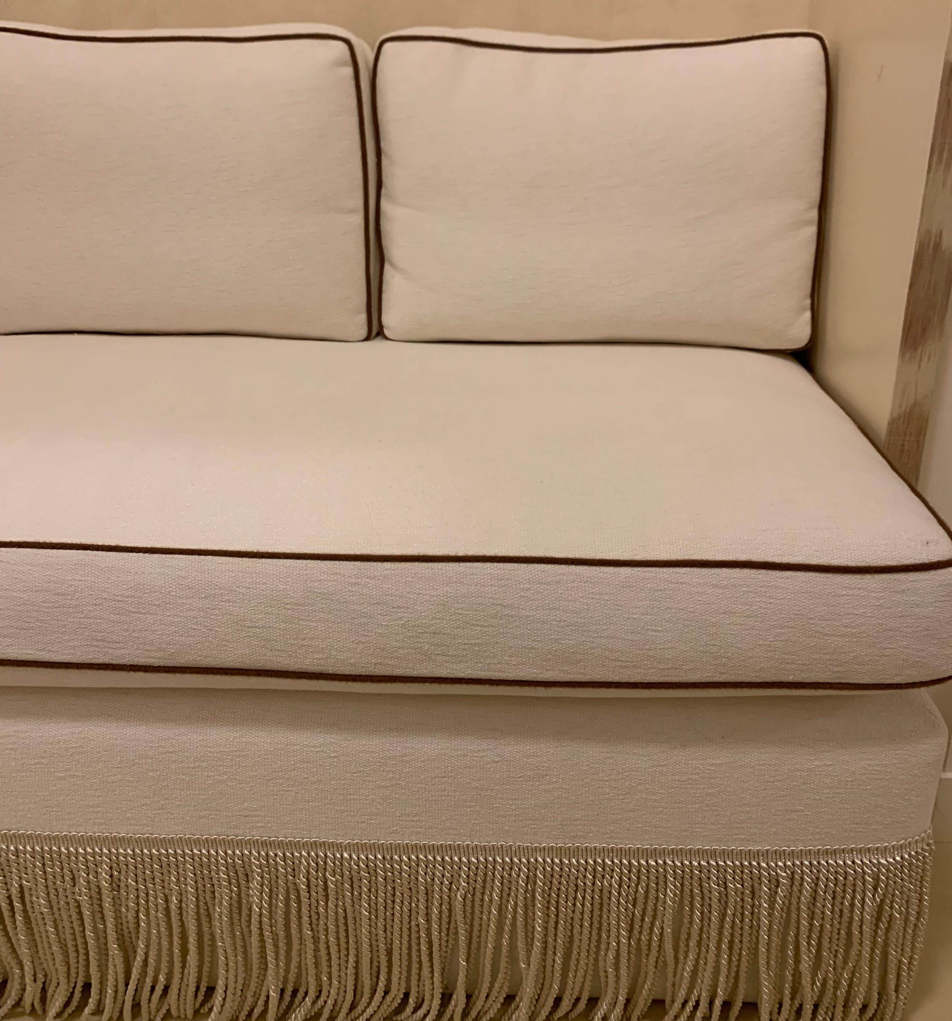Custom Fringe Settee Upholstered in Schumacher Fabric and Sandra Jordan Welt In Good Condition For Sale In New York, NY