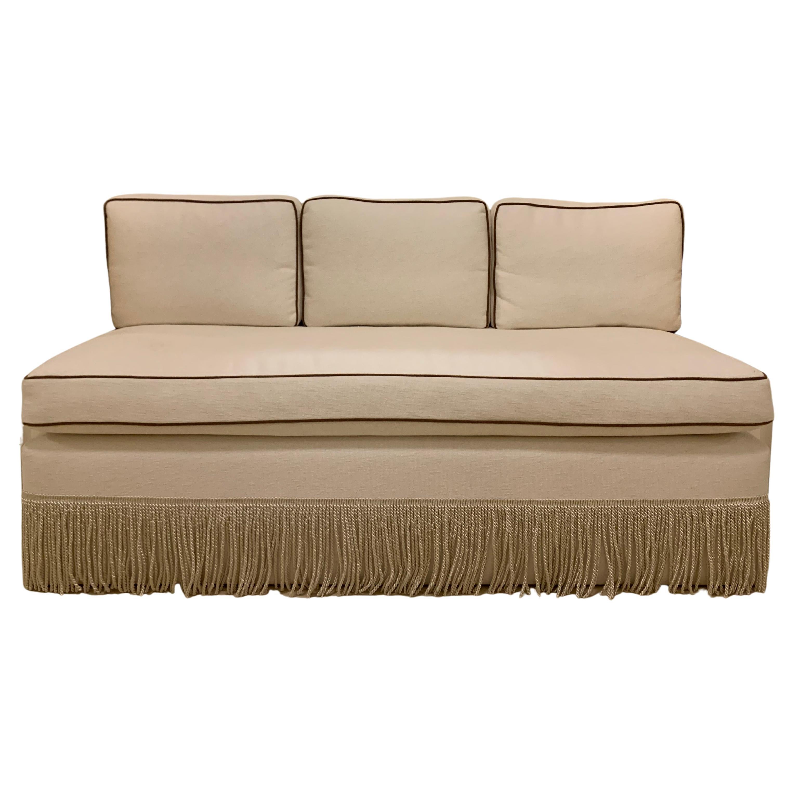 Custom Fringe Settee Upholstered in Schumacher Fabric and Sandra Jordan Welt For Sale