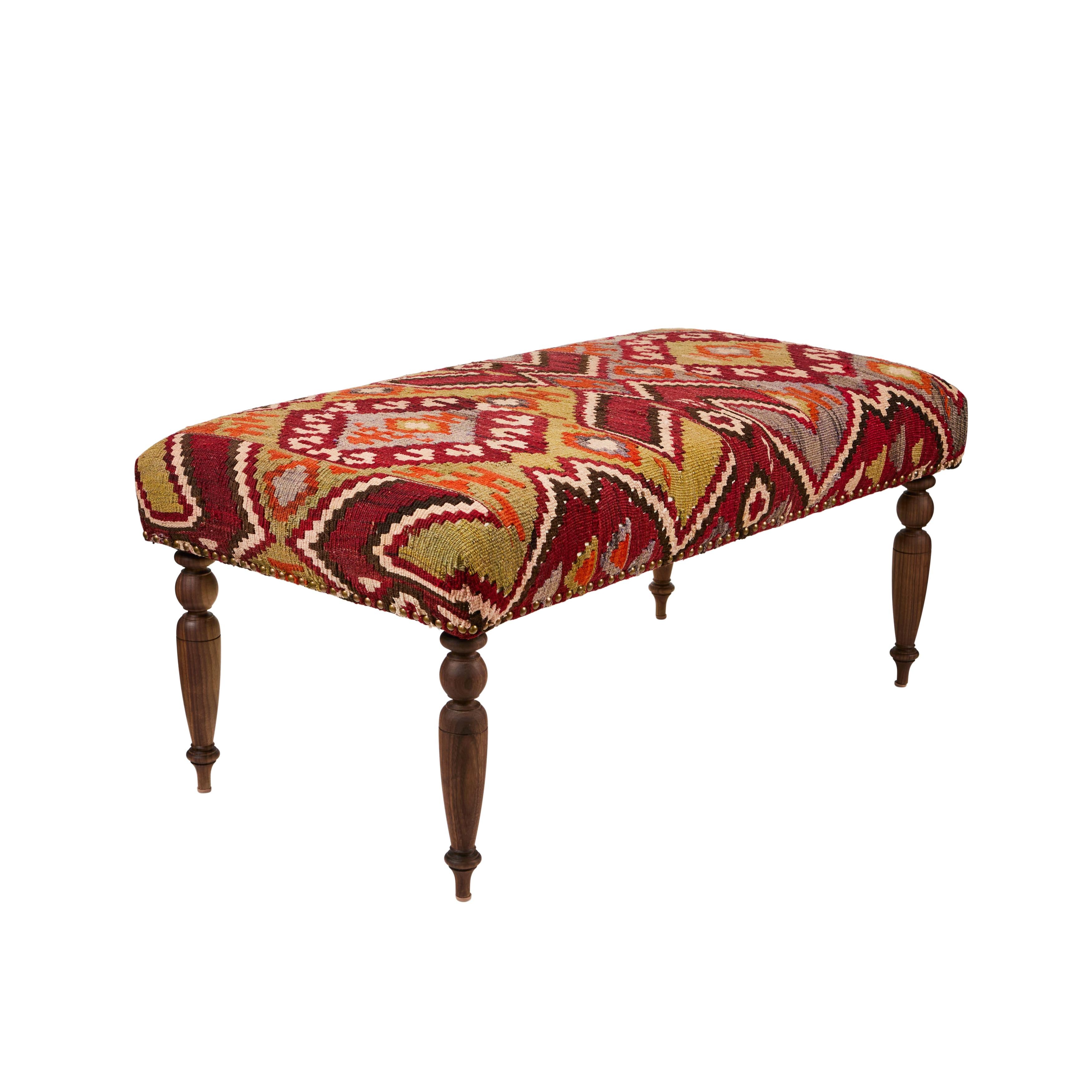 American Custom Bench Upholstered in Vintage Turkish Rug with Nailhead Trim For Sale