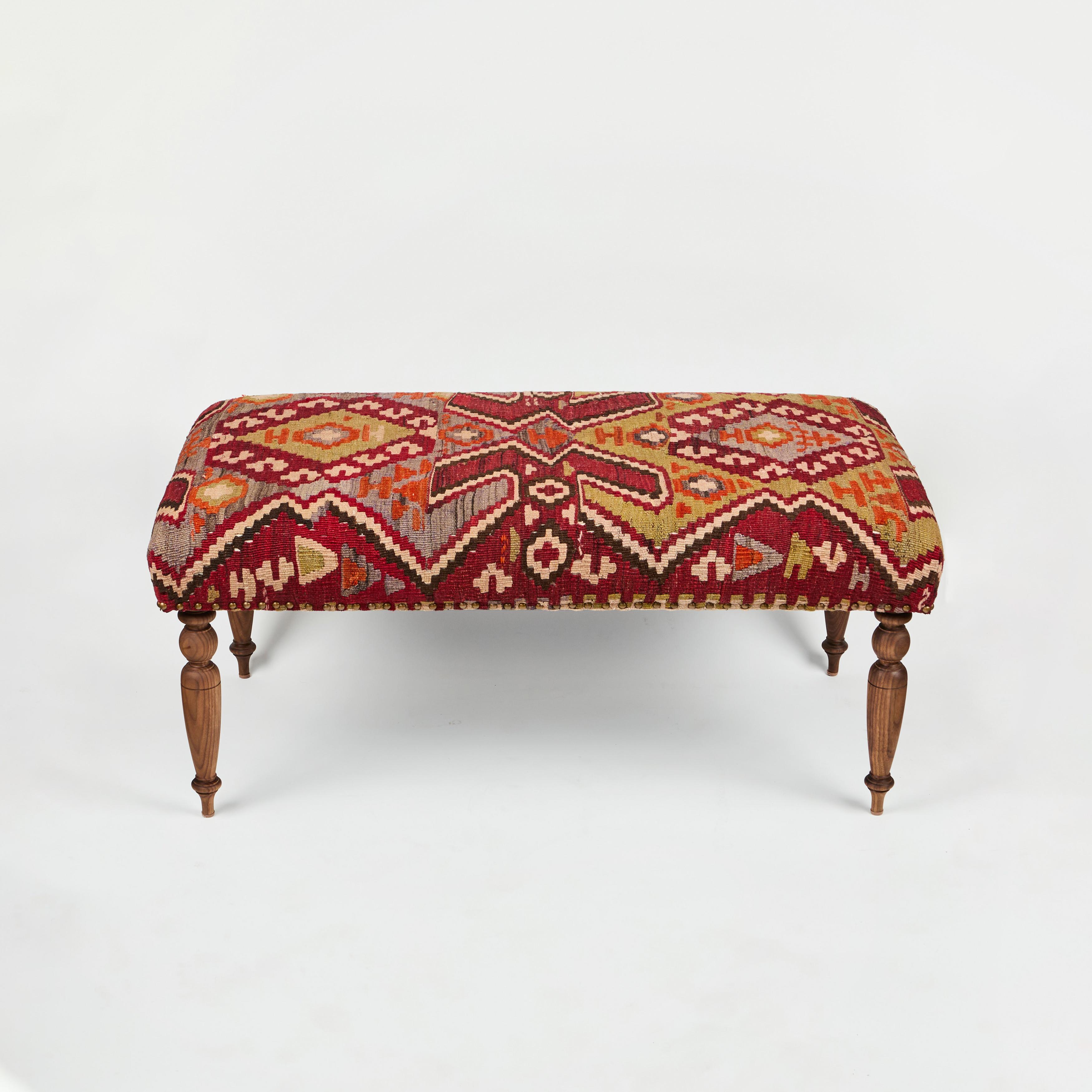 Custom Bench Upholstered in Vintage Turkish Rug with Nailhead Trim In Excellent Condition For Sale In Pasadena, CA