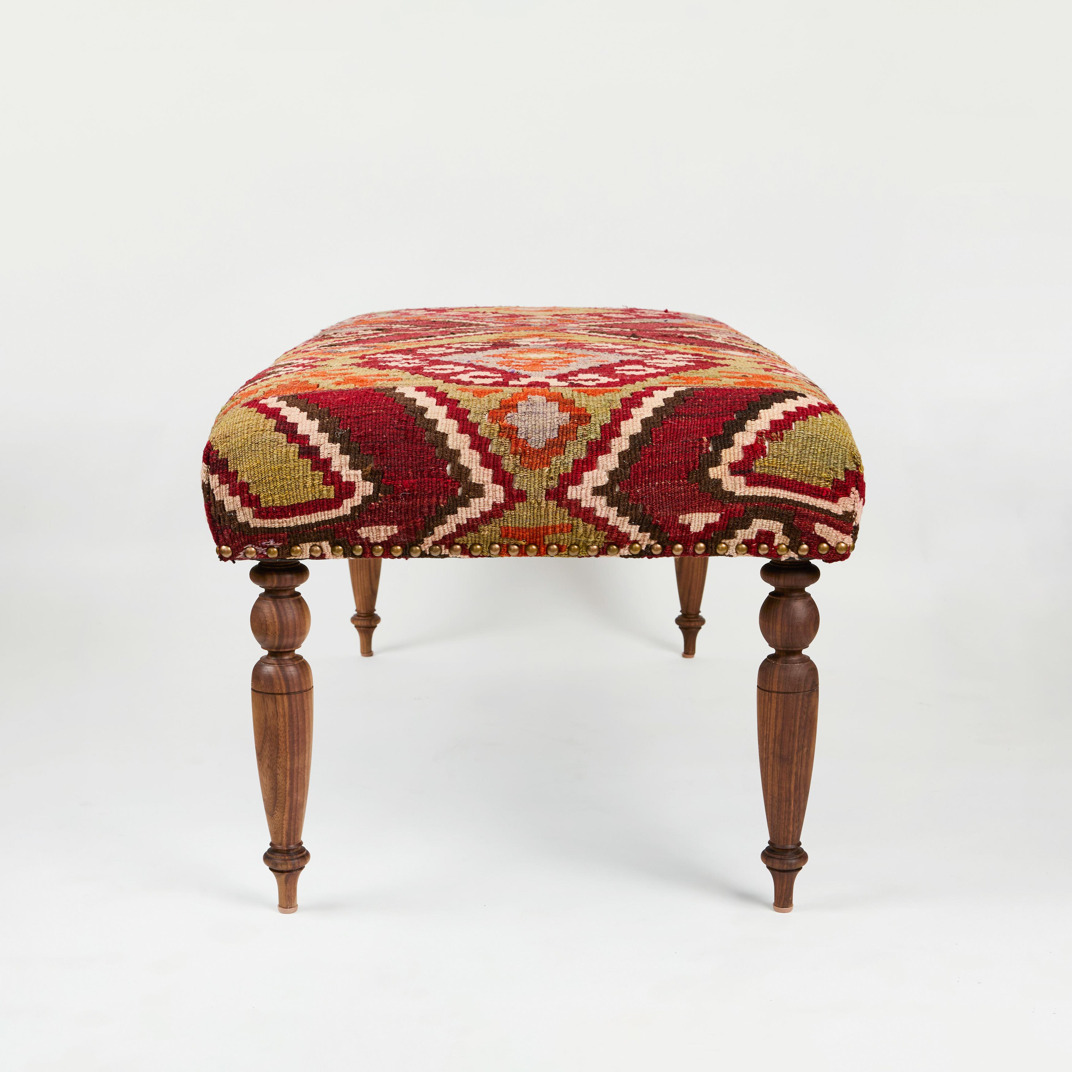 Contemporary Custom Bench Upholstered in Vintage Turkish Rug with Nailhead Trim For Sale