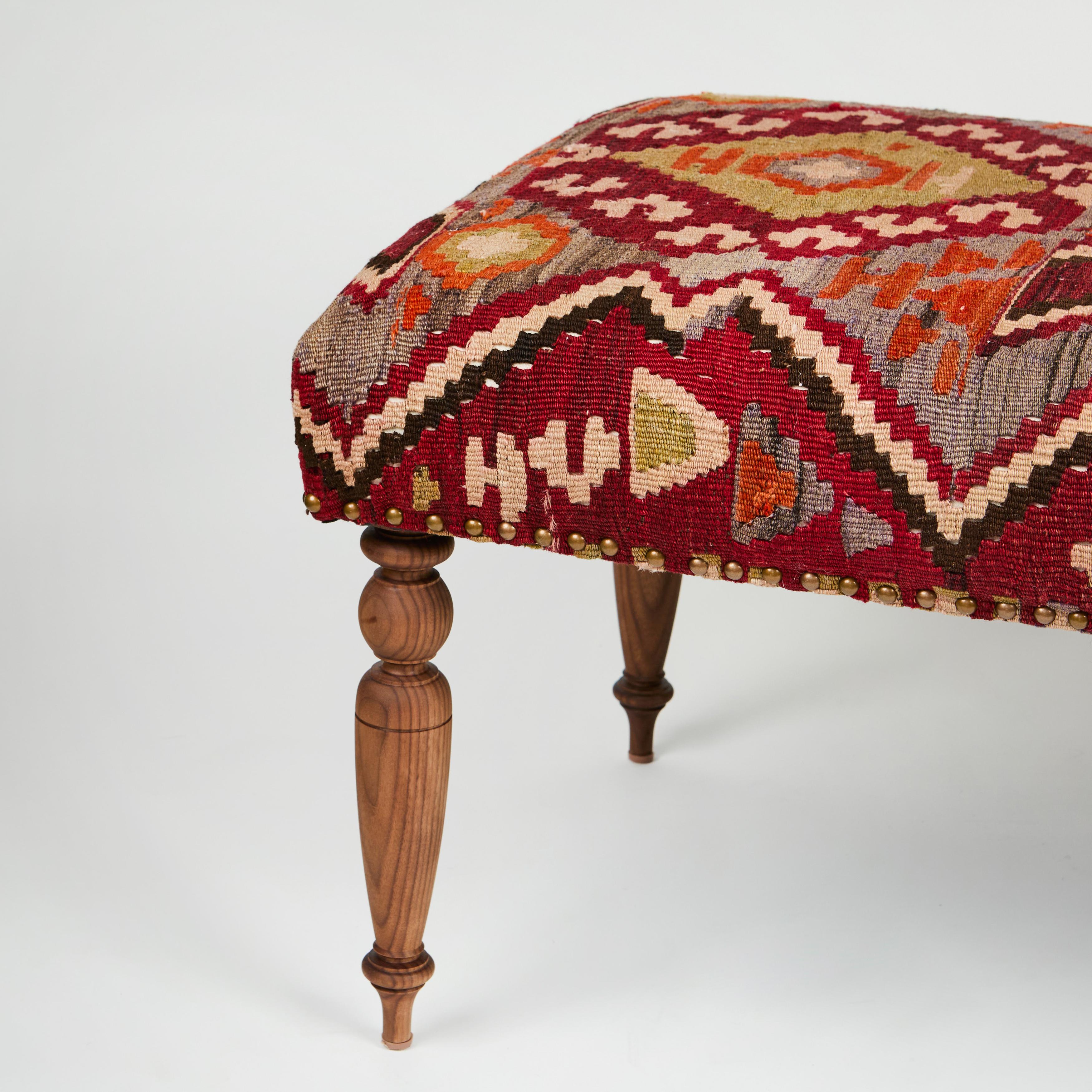 Fabric Custom Bench Upholstered in Vintage Turkish Rug with Nailhead Trim For Sale