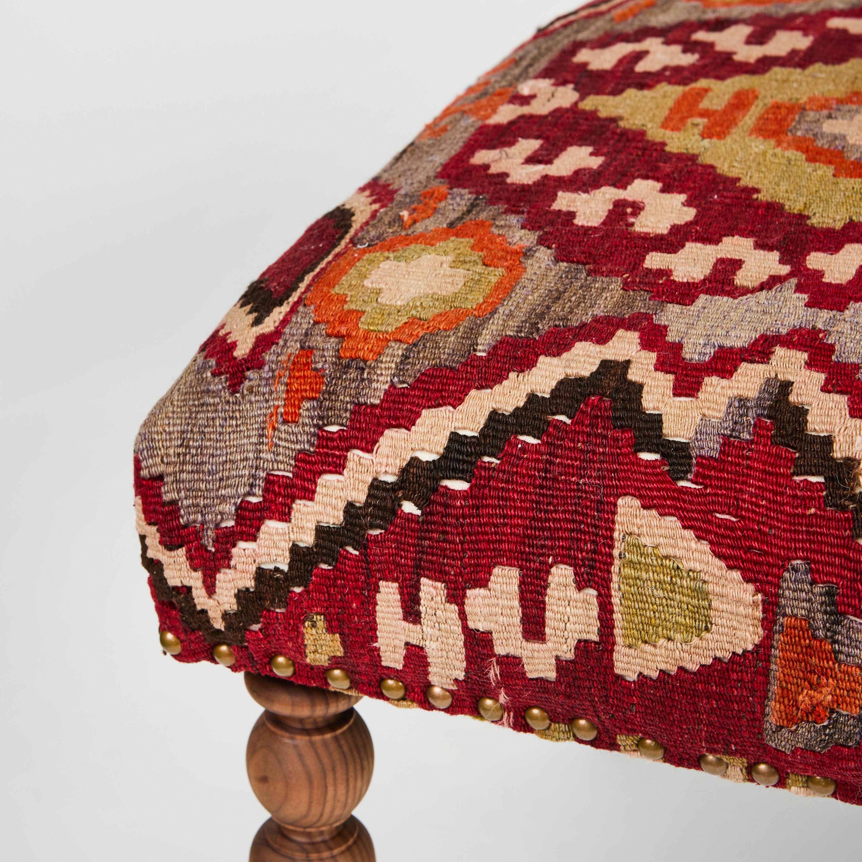 Custom Bench Upholstered in Vintage Turkish Rug with Nailhead Trim For Sale 1