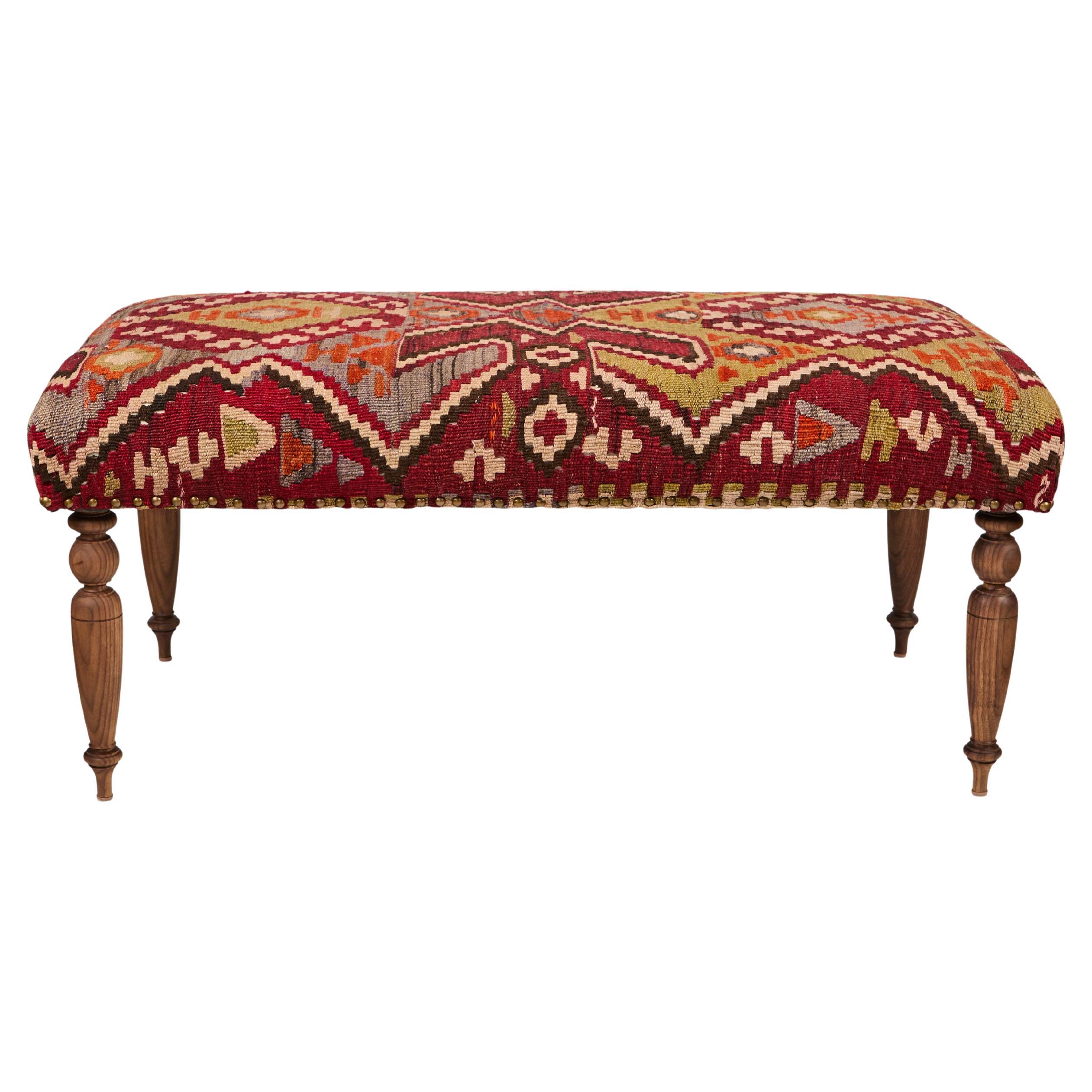 Custom Bench Upholstered in Vintage Turkish Rug with Nailhead Trim For Sale