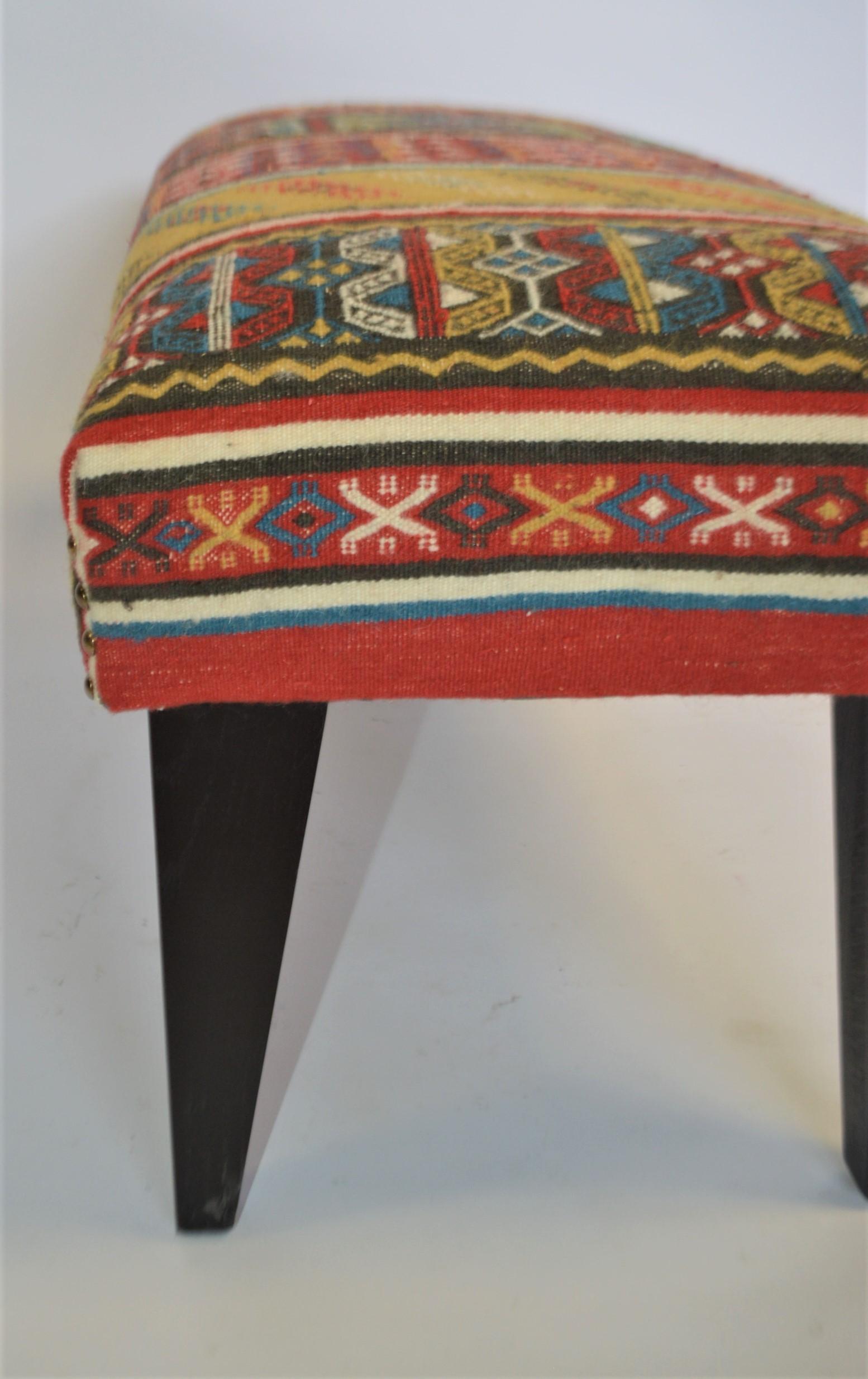 Wool Custom Bench Upholstered with a Vintage Peruvian Rug For Sale