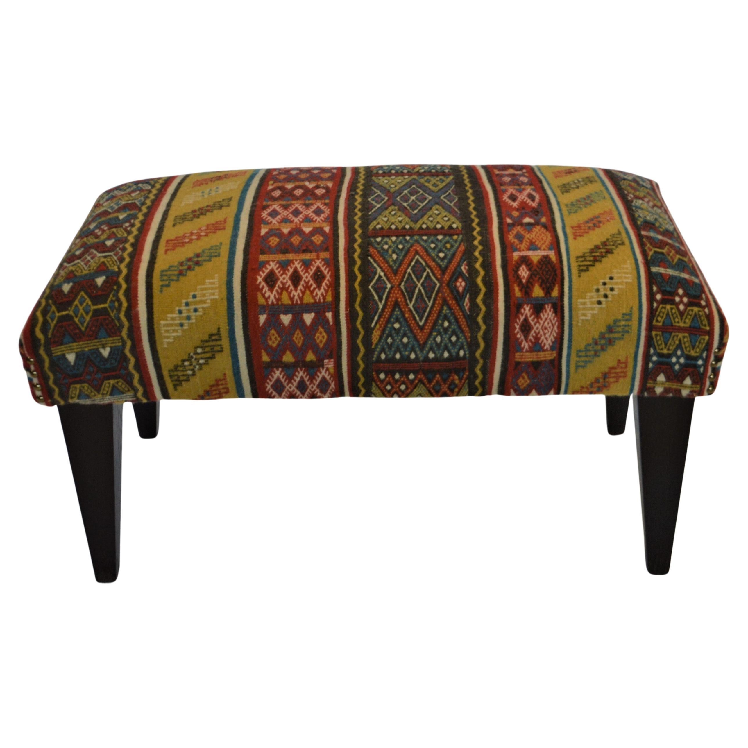 Custom Bench Upholstered with a Vintage Peruvian Rug For Sale