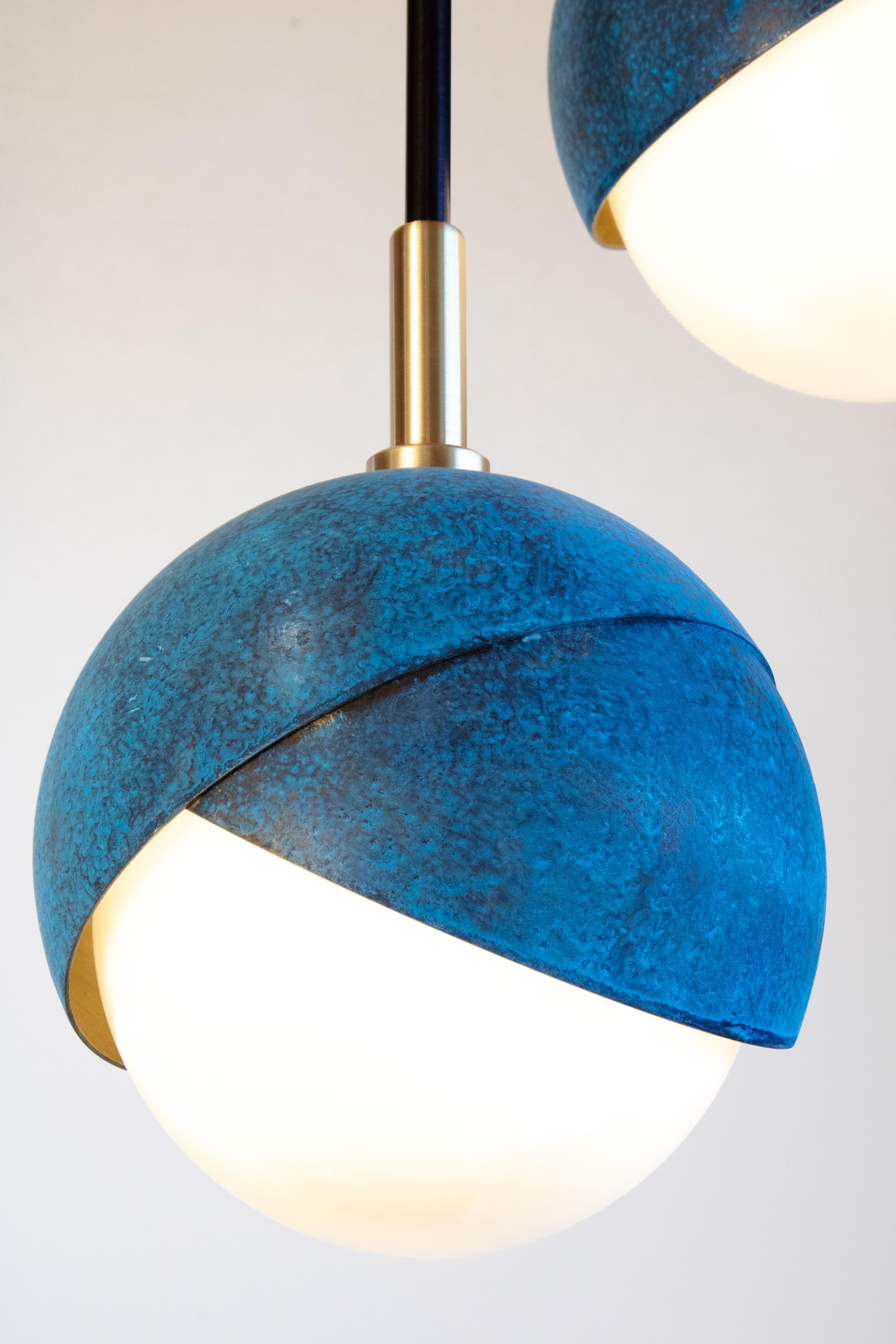 American Benedict Two Light Cluster in Prussian Blue, Blackened and satin Brass details For Sale
