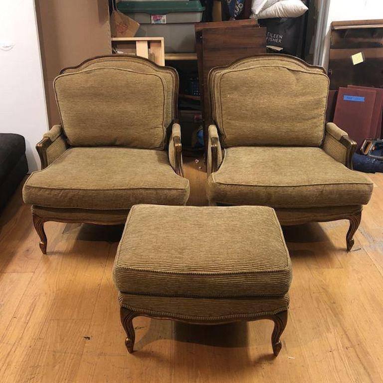 Regency Custom Bergere Style Armchairs and Ottoman