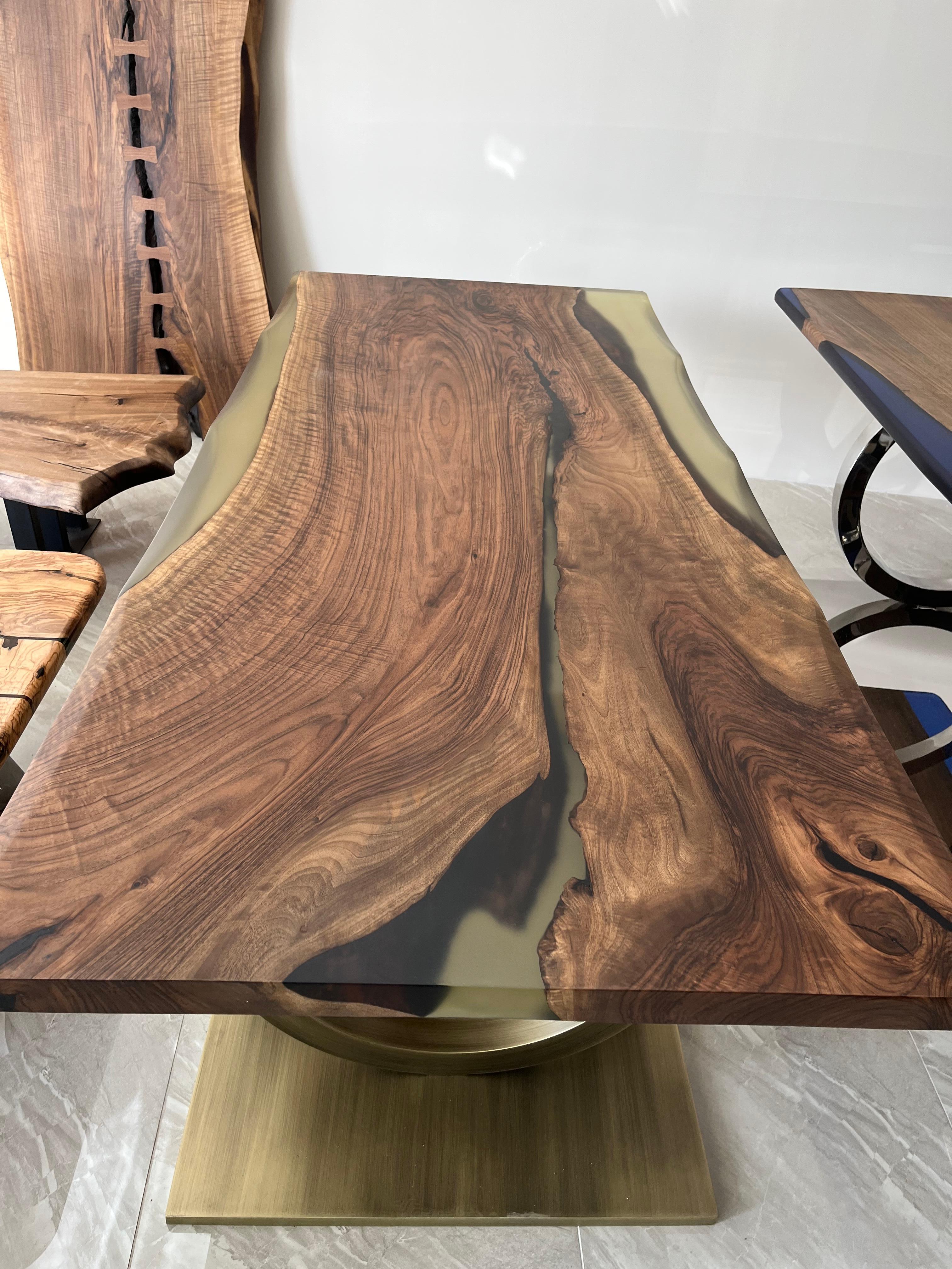 Arts and Crafts Custom Black Walnut Epoxy Resin Wooden Dining Table For Sale