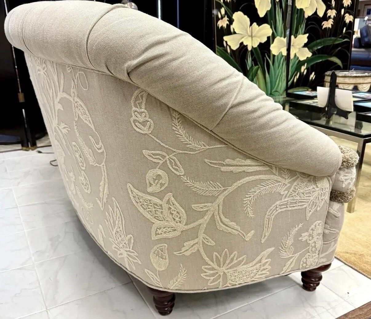 American Custom Bespoke Tufted Linen Chesterfield Loveseat Sofa with Crewel Work For Sale
