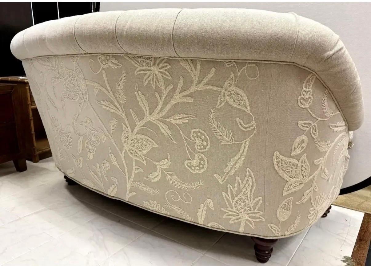 Textile Custom Bespoke Tufted Linen Chesterfield Loveseat Sofa with Crewel Work For Sale