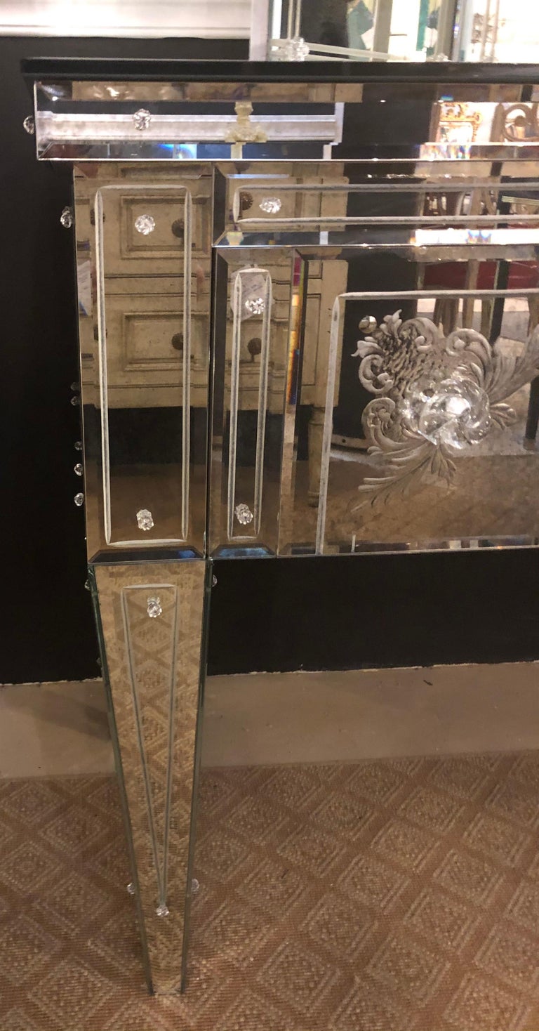 Custom Beveled and Etched Glass Mirrored Vanity Desk with Attached