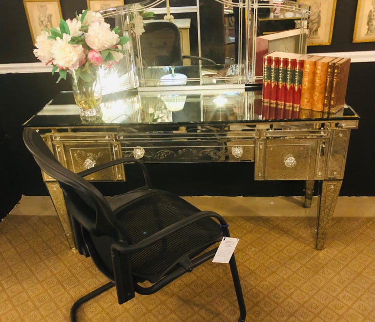 Custom Beveled and Etched Glass Mirrored Vanity Desk with Attached