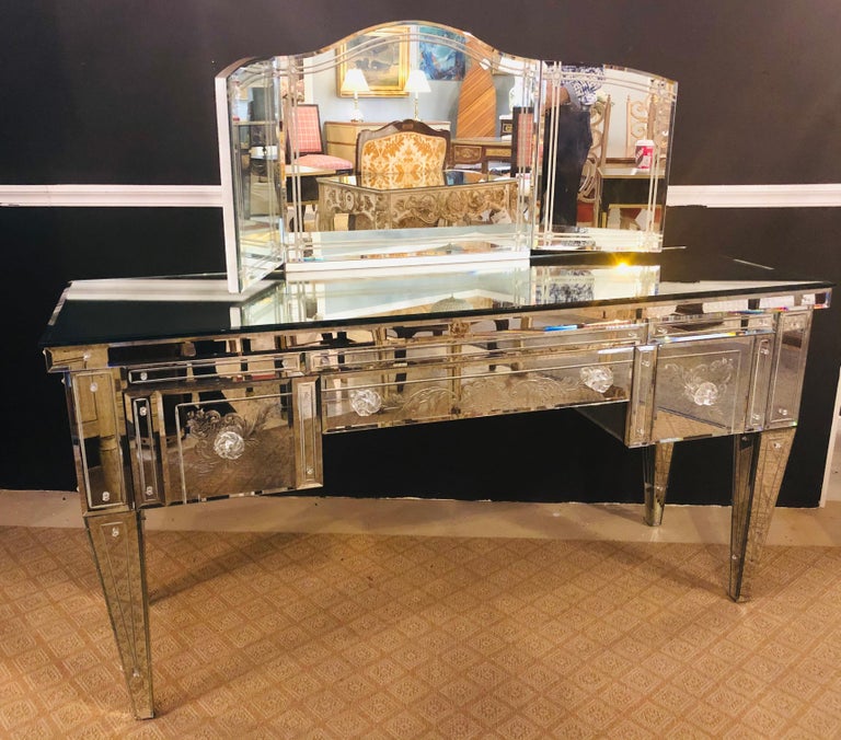 Custom Beveled and Etched Glass Mirrored Vanity Desk with Attached