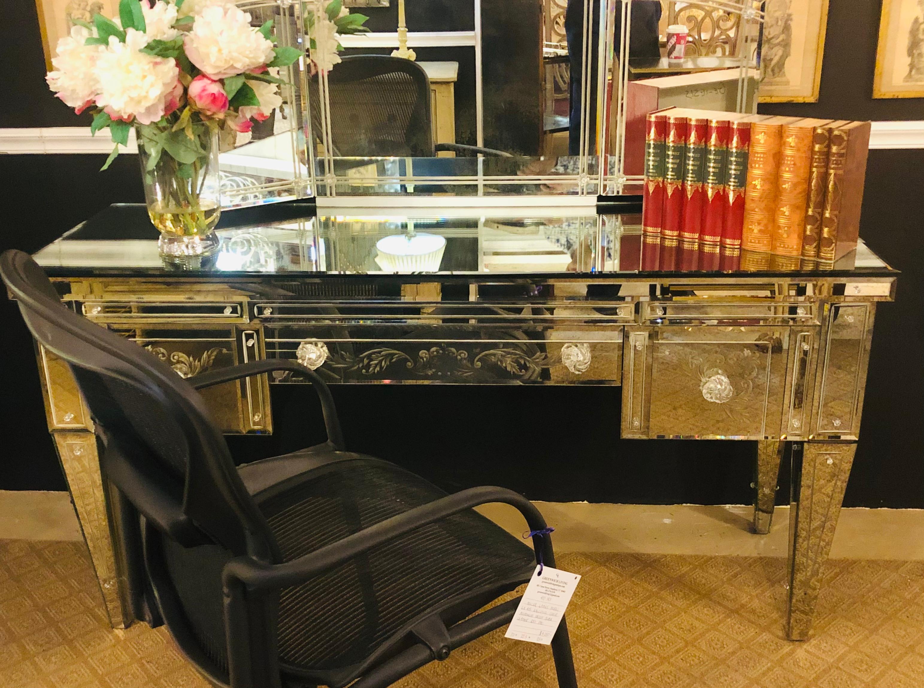 Hollywood Regency Custom Beveled and Etched Glass Mirrored Vanity Desk with Attached Mirror