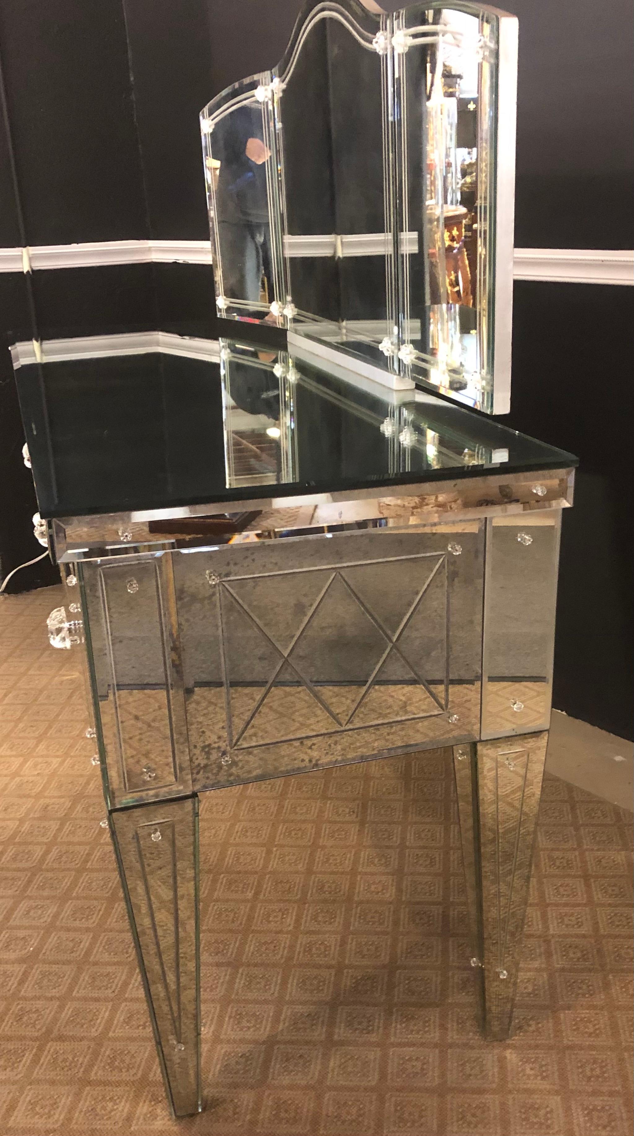 Late 20th Century Custom Beveled and Etched Glass Mirrored Vanity Desk with Attached Mirror