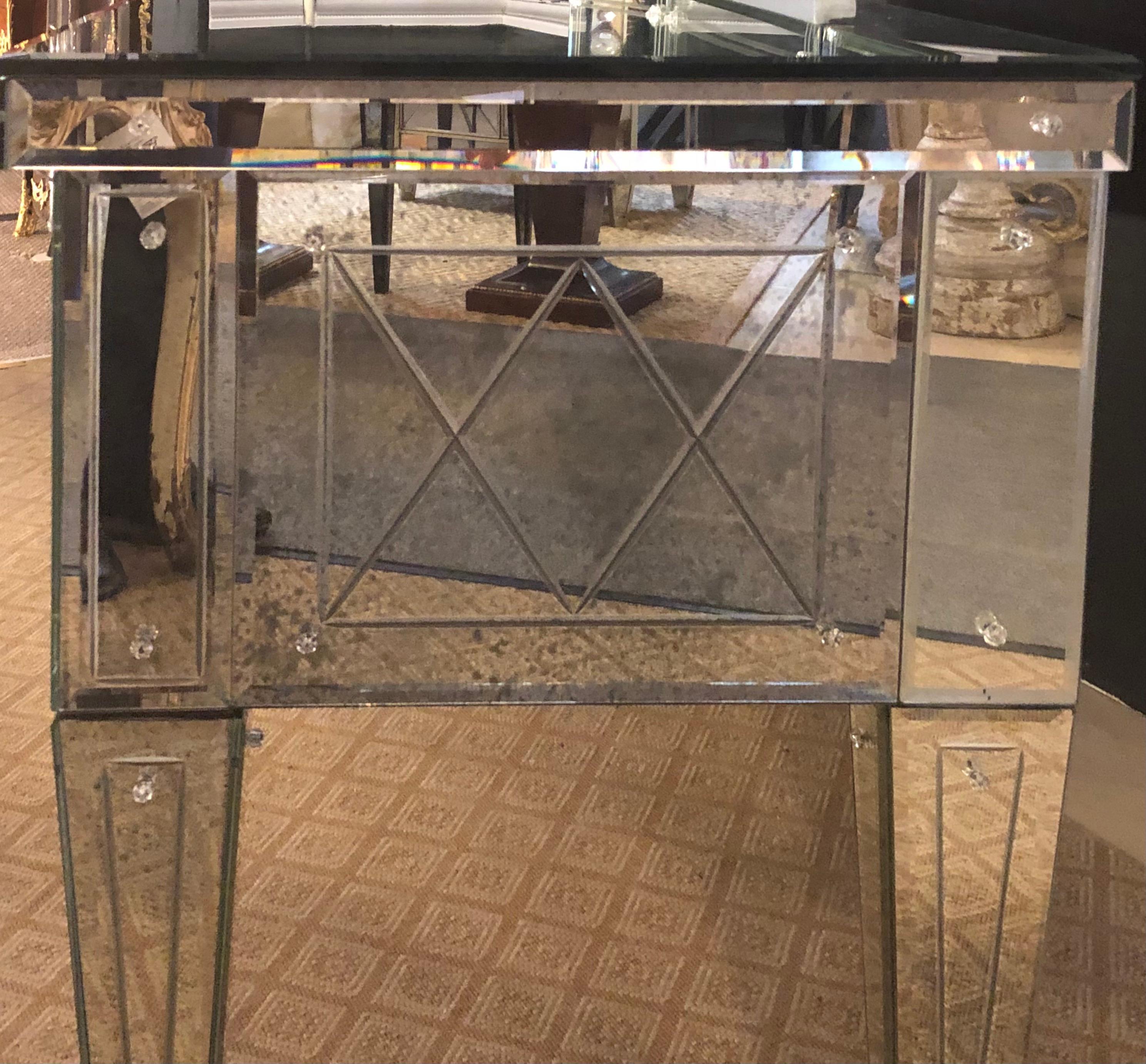 Custom Beveled and Etched Glass Mirrored Vanity Desk with Attached Mirror 1