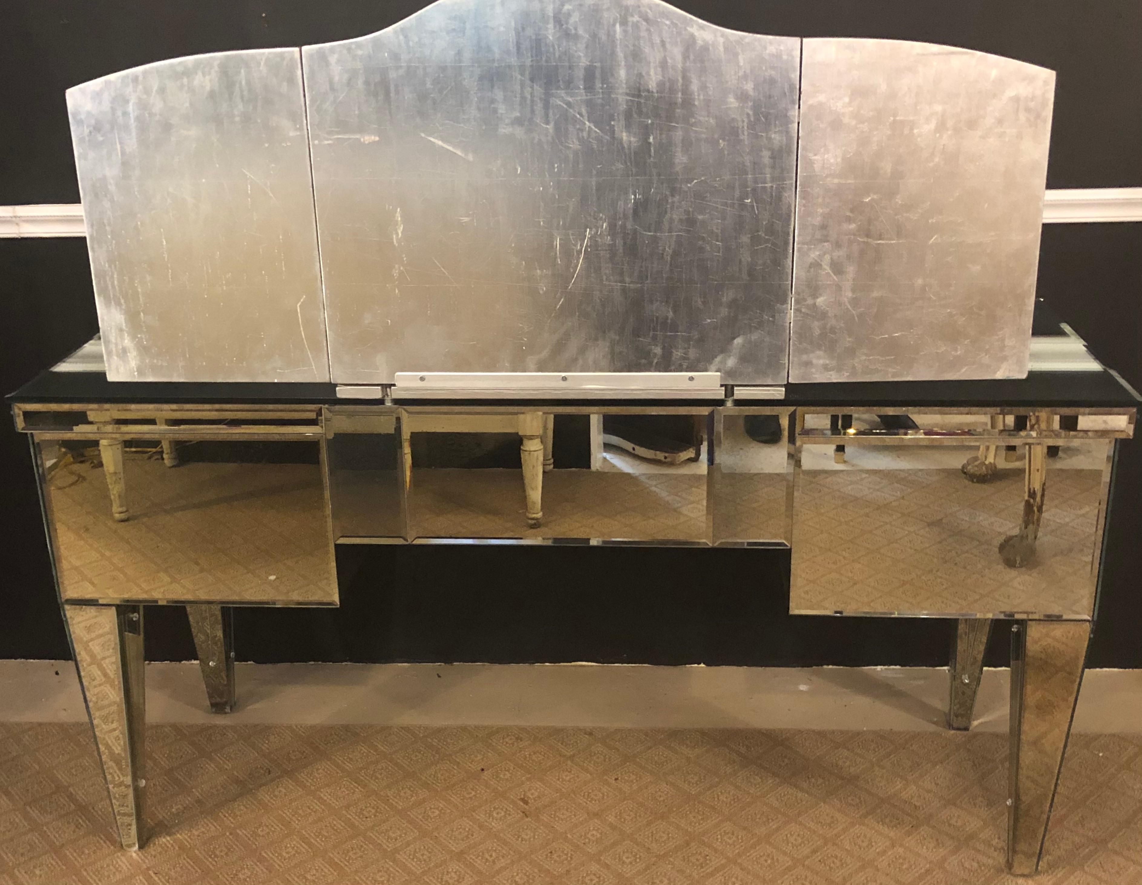 Custom Beveled and Etched Glass Mirrored Vanity Desk with Attached Mirror 2