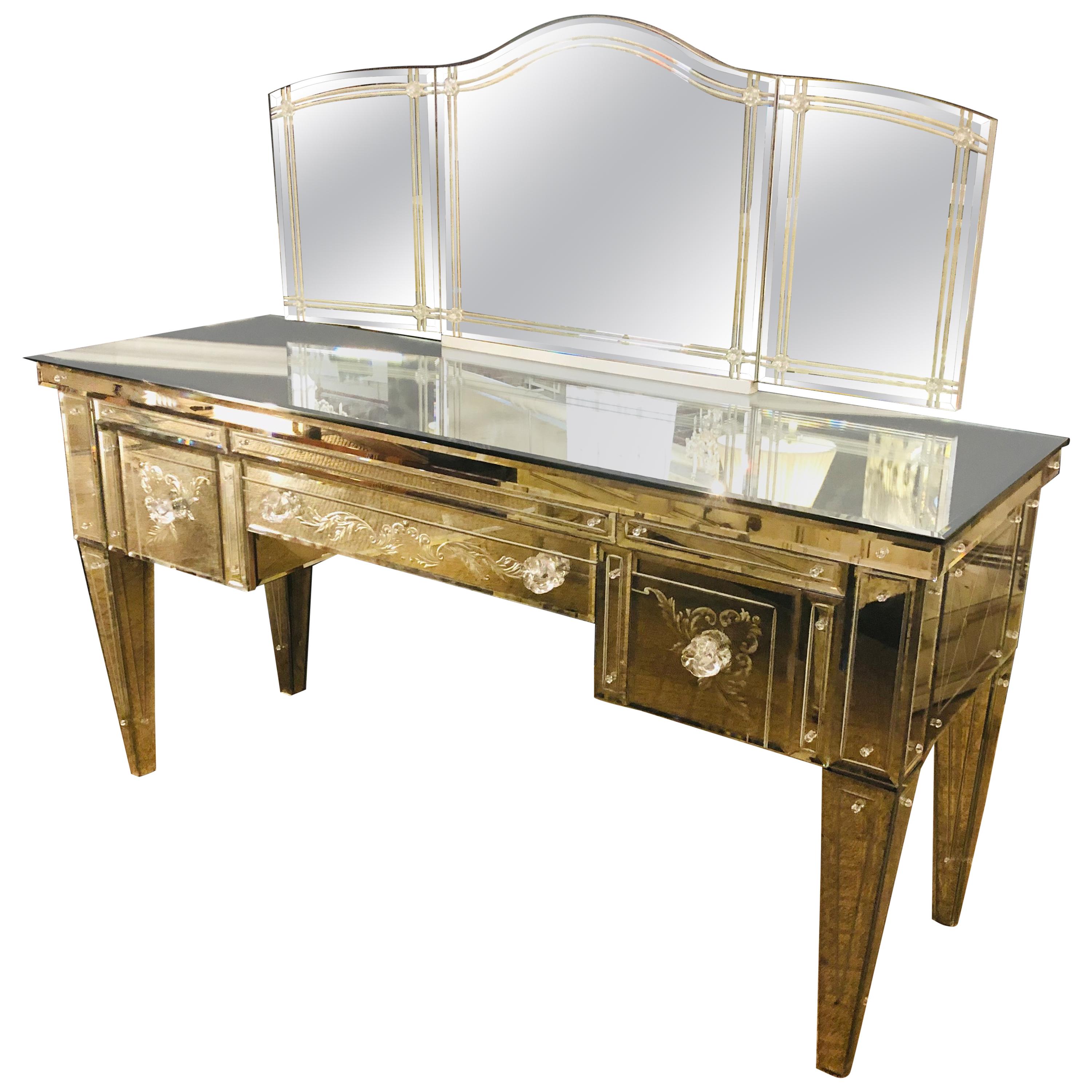 Custom Beveled and Etched Glass Mirrored Vanity Desk with Attached Mirror