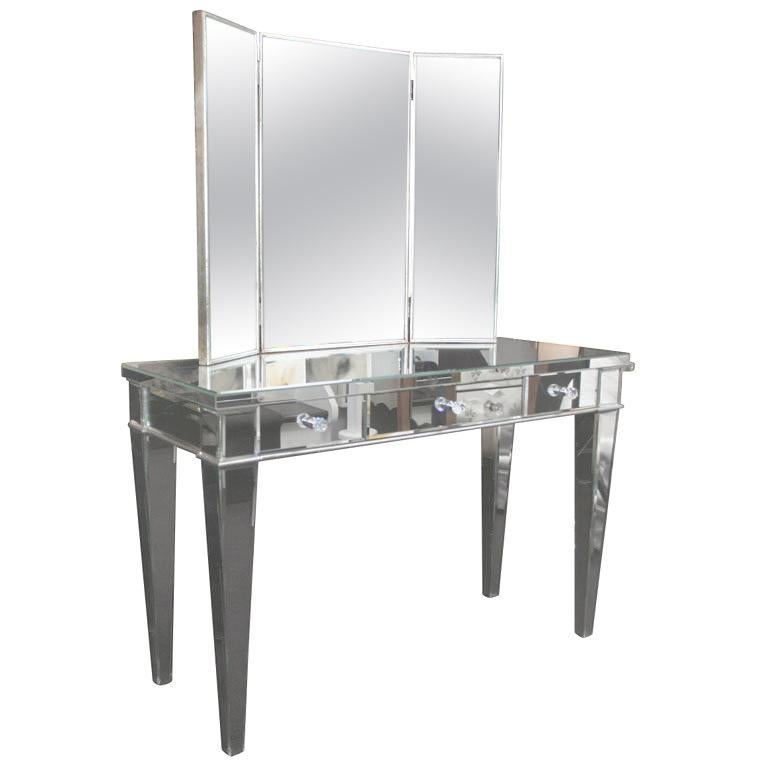 Classic Modern Mirrored Vanity Desk with Triptych Mirror For Sale