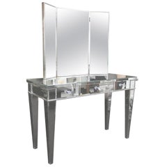 Classic Modern Mirrored Vanity Desk with Triptych Mirror