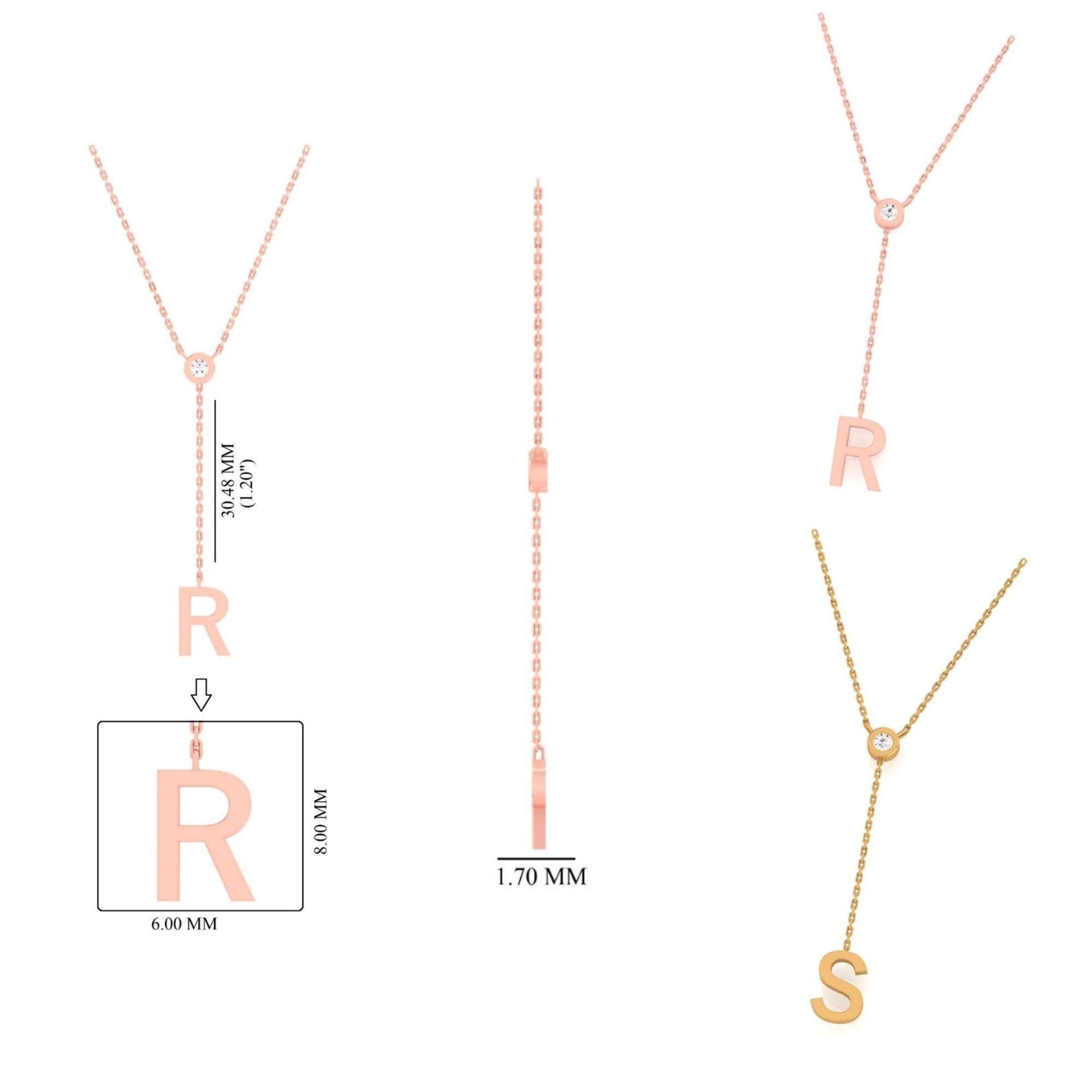 Collana Lariat con diamante iniziale a castone personalizzato in oro massiccio 14K (certificato) in vendita 2