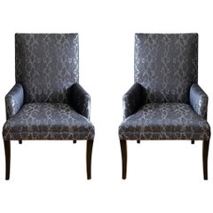 Custom Black and Silver Faux Python Snakeskin Armchairs, Pair