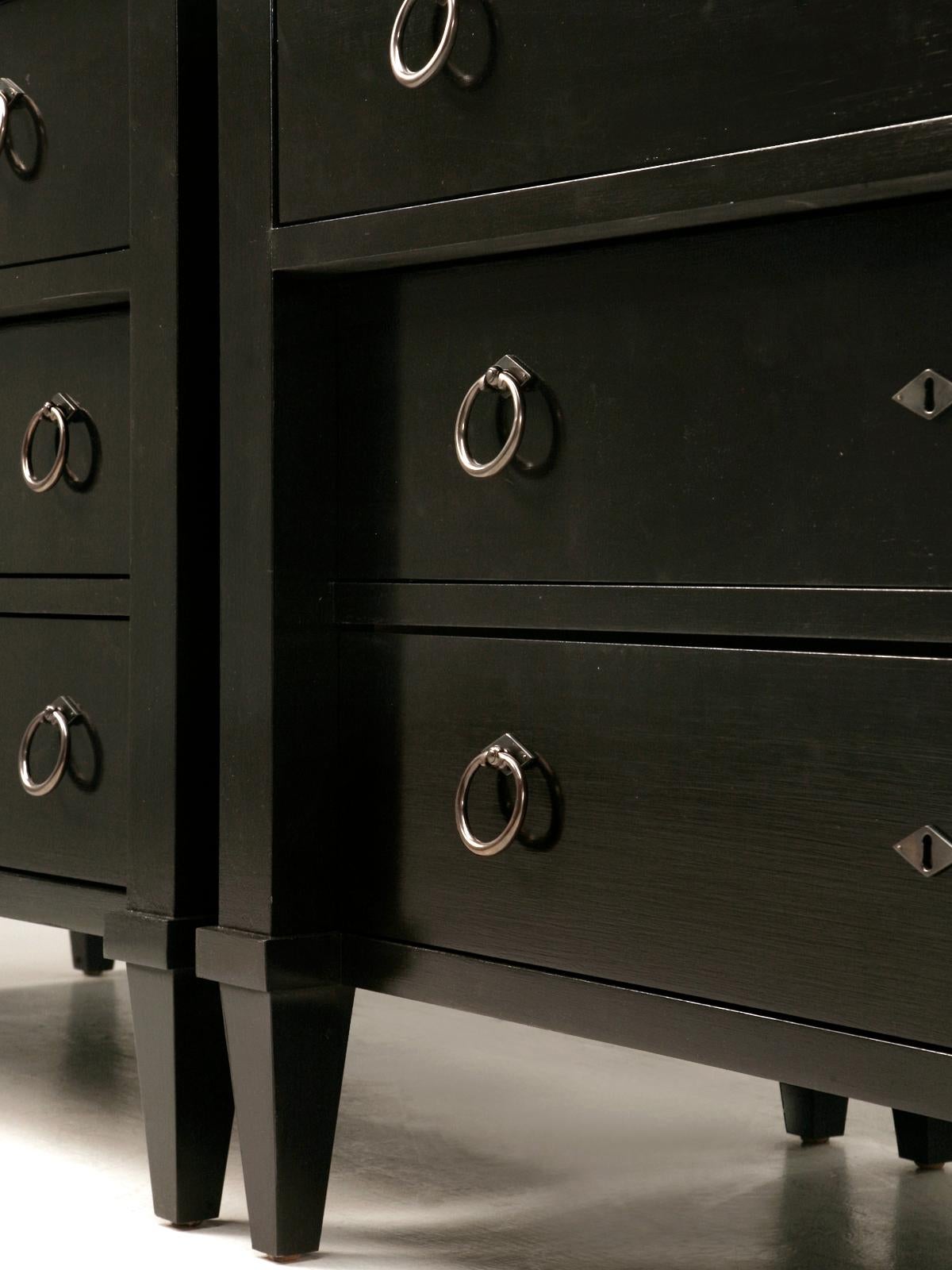 Contemporary Custom Black Lacquer Commodes or Chests Gunmetal Hardware in Any Dimension For Sale