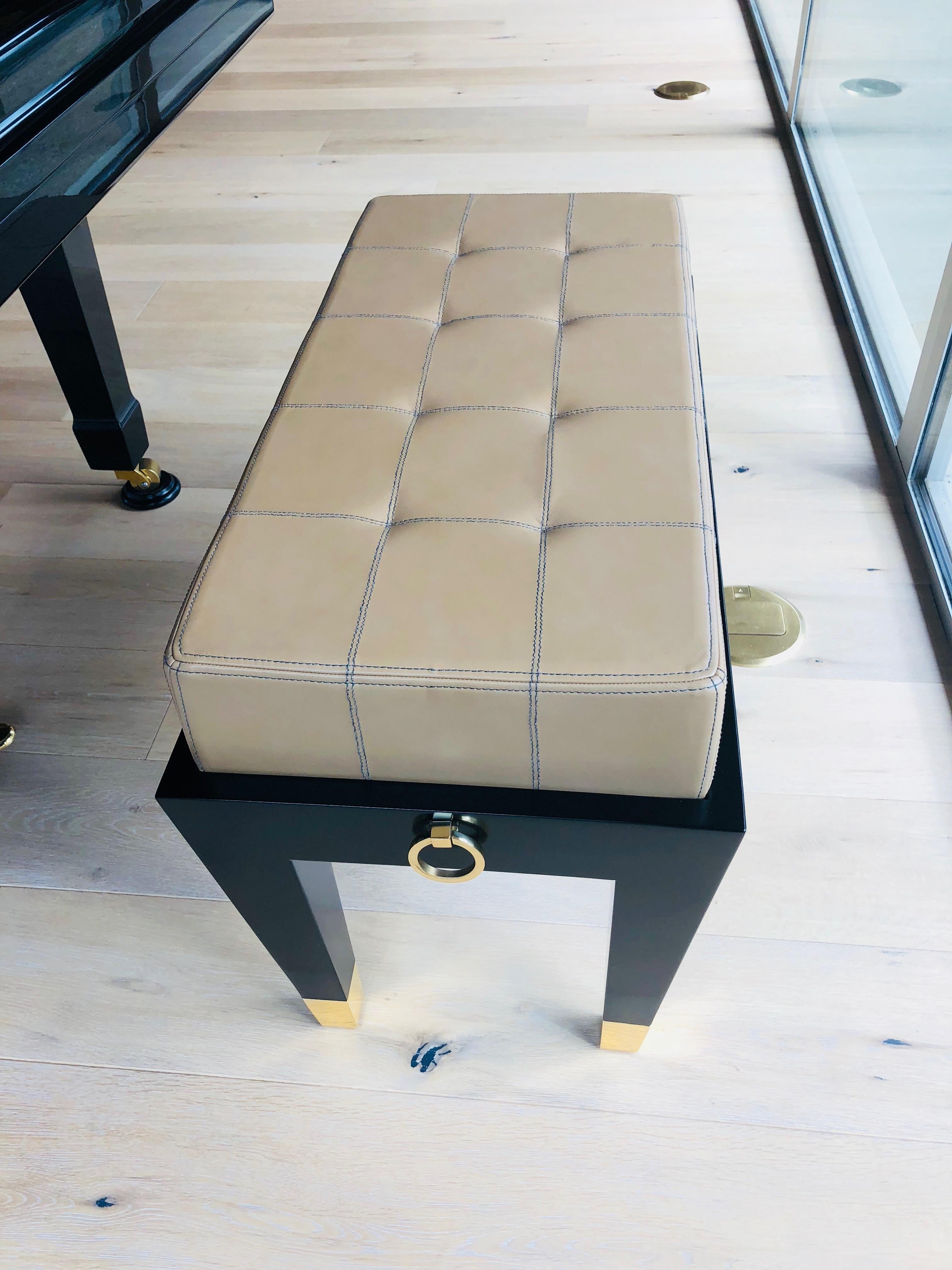 Contemporary Custom Black Lacquer Piano Bench with Gold Rings Detail For Sale