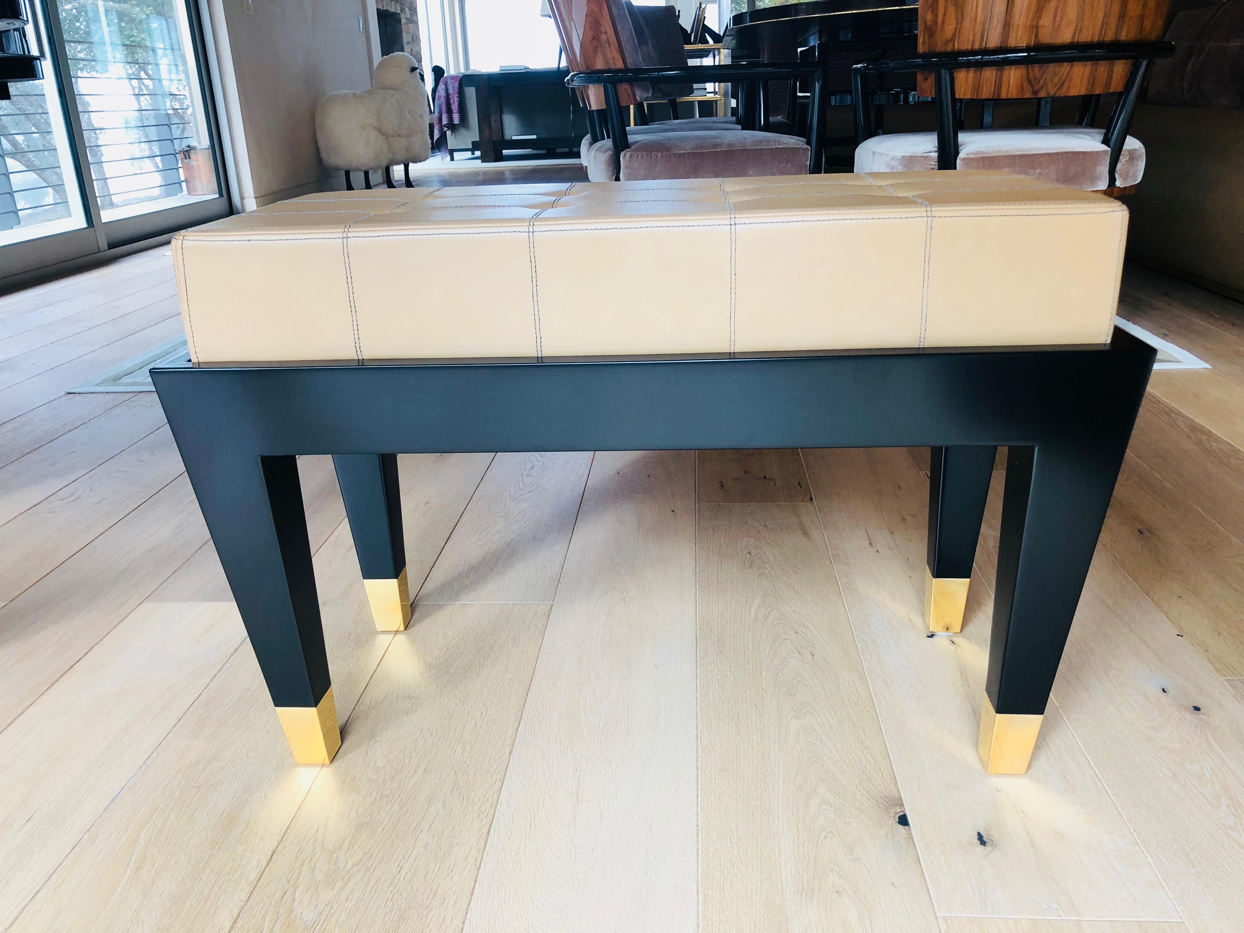 Leather Custom Black Lacquer Piano Bench with Gold Rings Detail For Sale